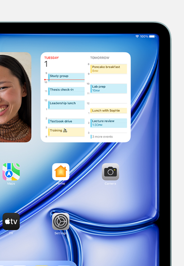 Vários widgets e apps exibidos em uma tela, incluindo Fotos, Calendário, Mapas, Casa, Câmera, TV, News e Ajustes.