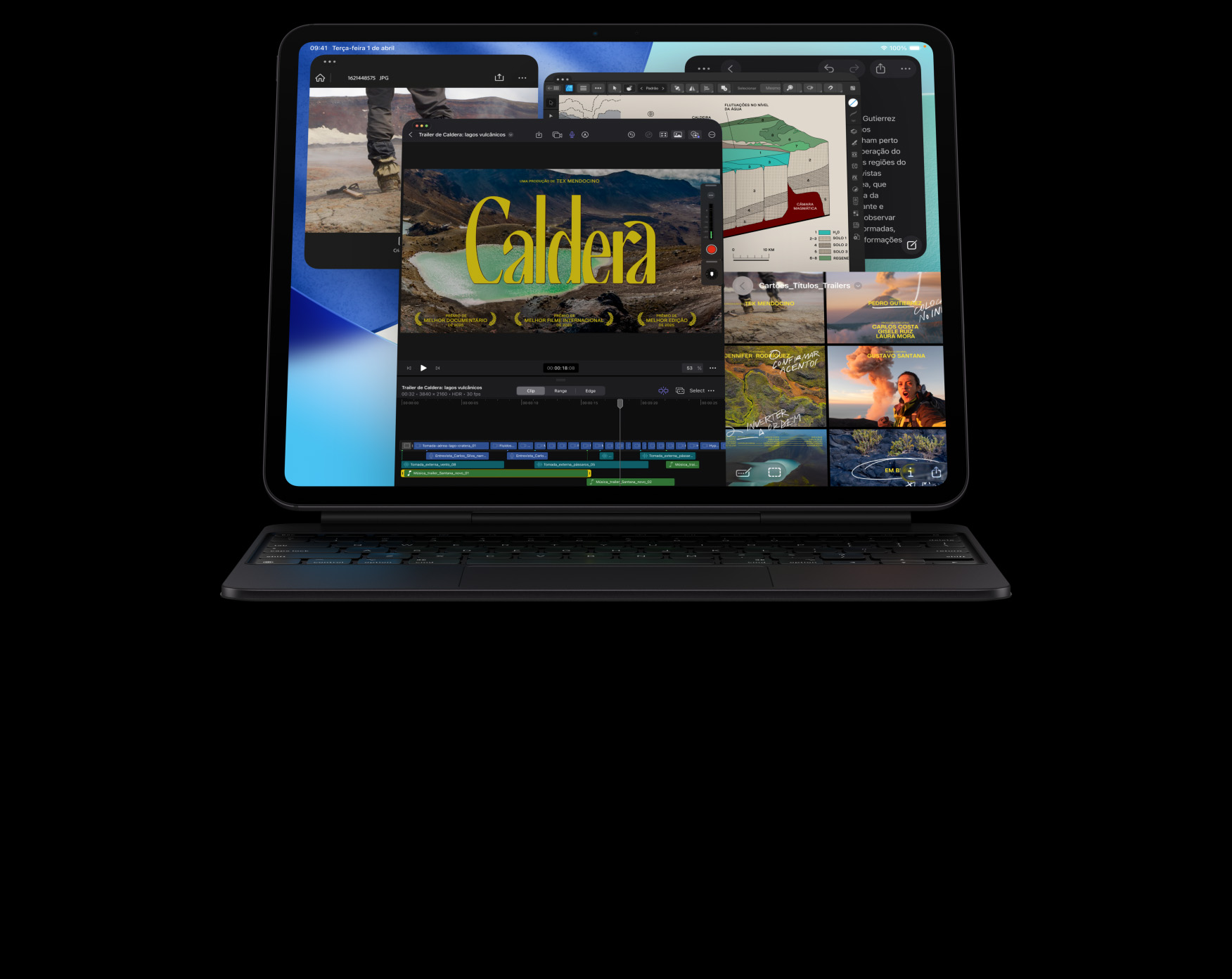 Parte da frente do iPad Pro preto-espacial na horizontal conectado a um Magic Keyboard preto-espacial. A tela mostra várias janelas de apps: Final Cut Pro com vários recursos de edição de vídeo e timeline, Mapas, Notas e clipes de mídia