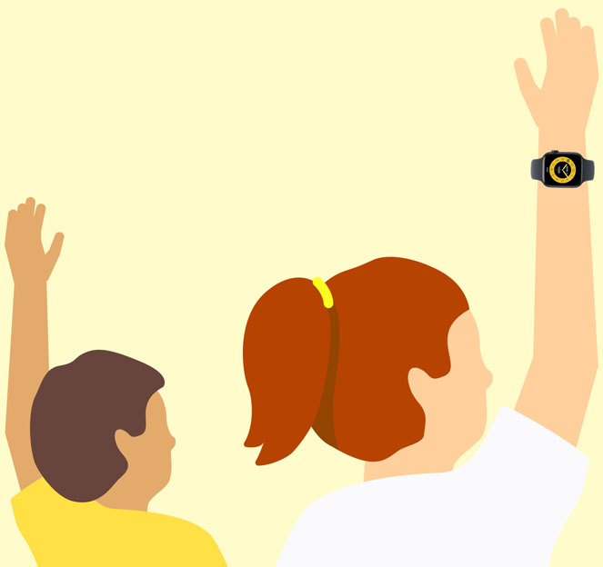 Illustration d’une enfant portant Apple Watch SE 3 et levant la main en classe