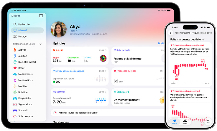 App Santé sur iPad et iPhone, résumé de santé et catégories épinglées sur iPad, faits marquants condensés de la fréquence cardiaque sur iPhone