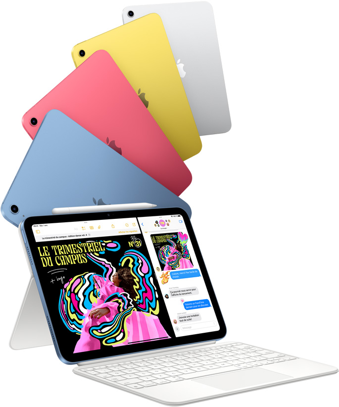 Des iPad bleu, rose, jaune et argent, et un iPad fixé au Magic Keyboard Folio.