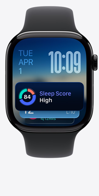 Apple Watch Series 11, aluminum case, polished jet black colour, Smart Stack, sleep score alert, right side, Digital Crown, black Sport Band
