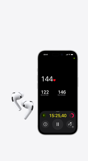 Audífonos izquierdo y derecho junto a un iPhone con la la detección de frecuencia cardiaca en la pantalla