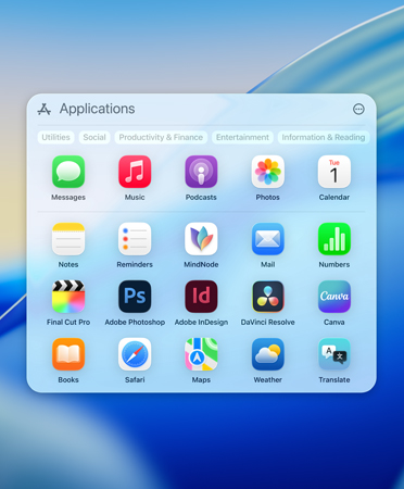 El menú de navegación de Spotlight muestra apps en las categorías: Sugerencias, Productividad, Creatividad, Información y Lectura