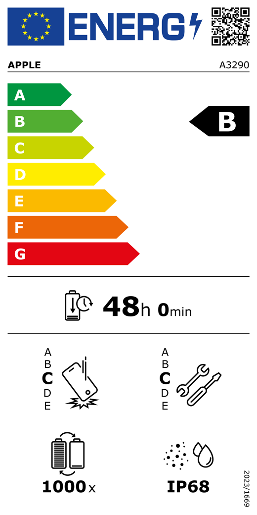 QR kód a informace na energetickém štítku EU, model Apple A3290, třída B, třídy energetické účinnosti (se stupnicí od A do G), A (nejvyšší účinnost) až G (nejnižší účinnost), výdrž baterie na jeden cyklus, 48 hodin a 0 minut na plné nabití baterie, třída spolehlivosti při opakovaném volném pádu C, A (nejvyšší odolnost) až E (nejnižší odolnost), třída opravitelnosti C, A (nejlepší opravitelnost) až E (nejhorší opravitelnost), životnost baterie 1000 cyklů, stupeň ochrany proti vniknutí prachu a vody (IP) IP68, nařízení 2023/1669