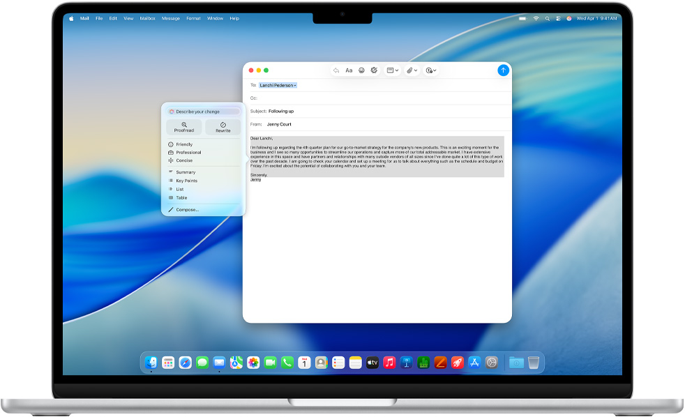 Obrazovka MacBooku Air s ukázkou použití Psacích nástrojů Apple Intelligence při psaní e‑mailu