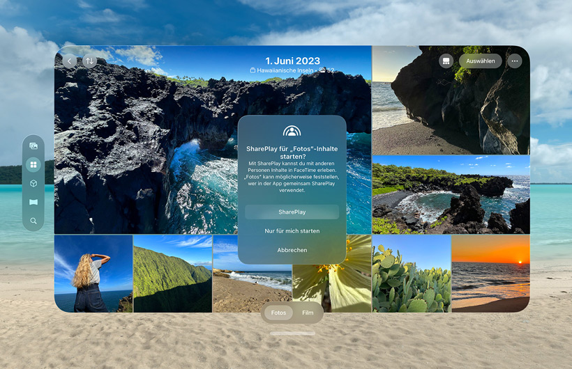 Fotomediathek in der SharePlay Benutzeroberfläche über der Bora Bora Umgebung; ein Fenster mit der Überschrift SharePlay Fotos wird angezeigt, mit drei Tasten mit den Beschriftungen: SharePlay, Nur für mich starten und Abbrechen