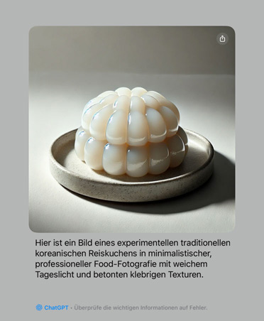 Bild einer experimentellen Darstellung eines traditionellen koreanischen Reiskuchens mit einer Beschreibung der Merkmale des Fotos, das von Apple Intelligence mit ChatGPT Integration generiert wurde