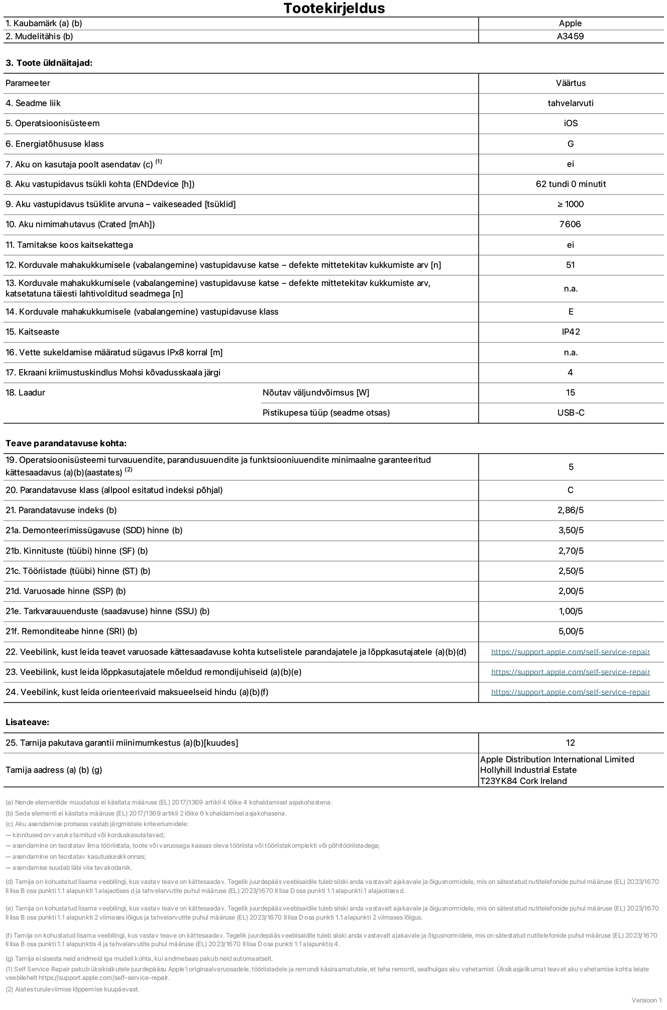 11-tollise iPad Air WiFi, mudeli A3459 toote infoleht. Tarnija on Apple Distribution International Limited, Hollyhill Industrial Estate. Cork, Iirimaa T23 YK84. Seadme tüüp: tahvelarvuti. Operatsioonisüsteem: iOS. Energiatõhususklass: G. Aku vahetatav kasutajale: ei. Aku vastupidavus tsükli kohta: 62 tundi. Aku kestvustsüklid – vaikesätted: suurem kui või võrdne 1000-ga. Akumaht: 7606 mAh. Tarnitakse kaitsekattega: ei. Korduv vabalangemise usaldusväärsustest – kukub ilma defektita: suurem kui või võrdne 51-ga. Korduv vabalangemise usaldusväärsustest – kukub ilma defektita täielikult väljaulatatuna: pole kohaldatav. Korduv vabalangemise usaldusväärsusklass: E. Tolmu- ja veekindluse kaitse hinnang: IP42. Määratud iPx8 sukeldumissügavus vees: pole kohaldatav. Ekraani kriimustuskindlus Mohsi kõvaduse skaalal: 4. Laadija nõutav väljundvõimsus: 15 W. Laadija tüüp (seadmel): USB-C. Opsüsteemi turva-, korrektiiv- ja funktsionaalsusvärskenduste minimaalne tagatud saadavus: 5 aastat. Parandatavusklass: C. Parandatavusindeks: 2,86/5. Lahtivõtmise sügavuse (SDD) hinne: 3,50/5. Kinnitusdetailide hinne: 2,70/5. Tööriistade hinne: 2,50/5. Varuosade hinne: 2,00/5. Tarkvaravärskenduste hinne: 1,00/5. Parandusteabe hinne: 5,00/5. Teave varuosade kättesaadavuse kohta professionaalsetele parandajatele ja lõppkasutajatele: https://support.jp01.aijiasu.xyz/self-service-repair. Parandusjuhised lõppkasutajatele: https://support.jp01.aijiasu.xyz/self-service-repair. Soovituslikud maksueelsed hinnad: https://support.jp01.aijiasu.xyz/self-service-repair. 12-kuune üldgarantii.