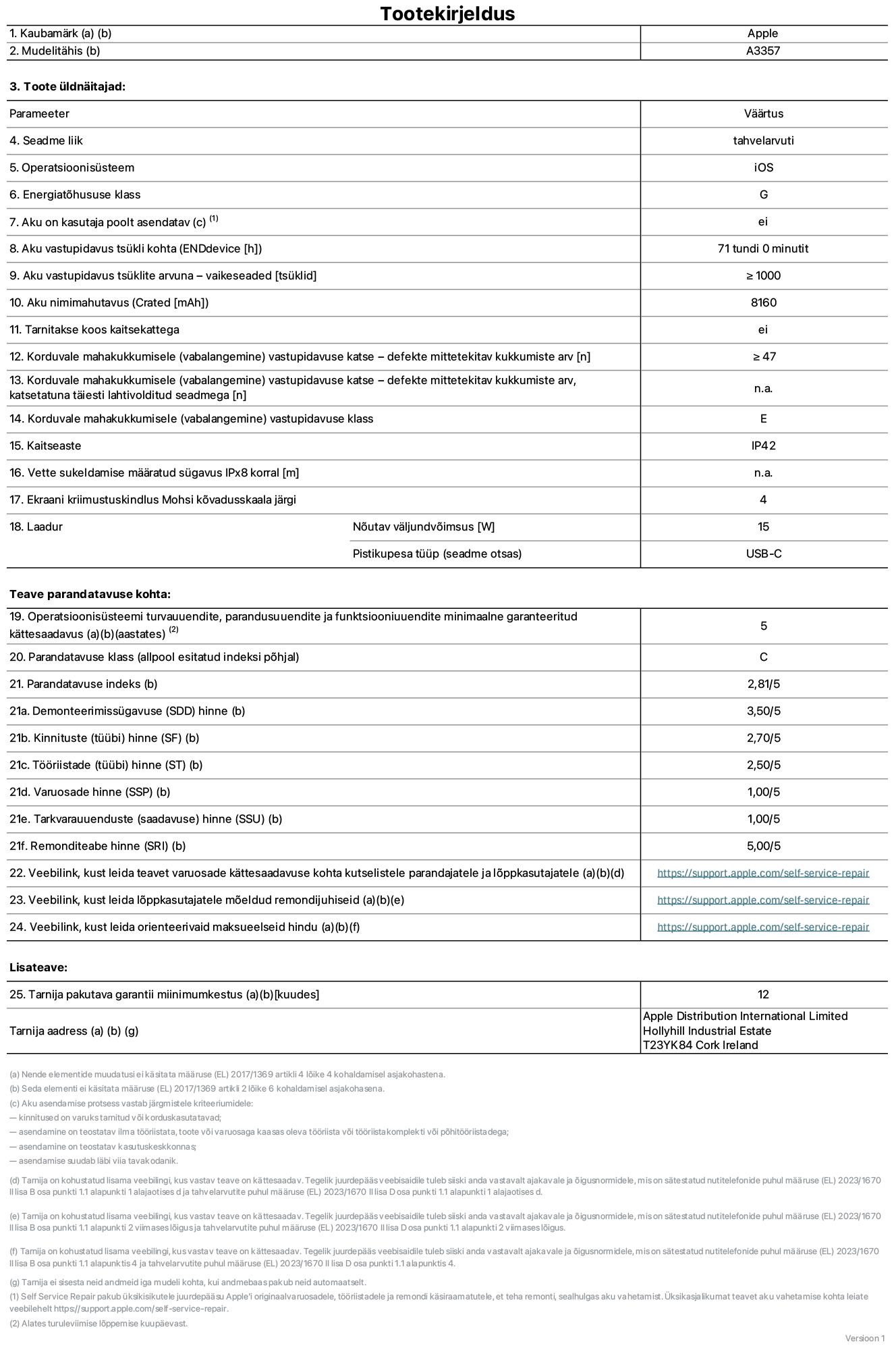 11-tollise iPad Pro M5 WiFi, mudeli A3357 toote infoleht. Tarnija on Apple Distribution International Limited, Hollyhill Industrial Estate. Cork, Ireland T23 YK84. Seadme tüüp: tahvelarvuti. Operatsioonisüsteem: iOS. Energiatõhususklass: G. Aku vahetatav kasutajale: ei. Aku vastupidavus tsükli kohta: 71 tundi. Aku kestvustsüklid – vaikesätted: suurem või võrdne 1000-ga. Akumaht: 8160 mAh. Tarnitakse kaitsekattega: ei. Korduv vabalangemise usaldusväärsustest – kukub ilma defektita: ≥ 47. Korduv vabalangemise usaldusväärsustest – kukub ilma defektita täielikult väljaulatatuna: pole kohaldatav. Korduv vabalangemise usaldusväärsusklass: E. Tolmu- ja veekindluse kaitse hinnang: IP42. Määratud iPx8 sukeldumissügavus: pole kohaldatav. Ekraani kriimustuskindlus Mohsi kõvaduse skaalal: 4. Laadija nõutav väljundvõimsus: 15 W. Laadija tüüp (seadmel): USB-C. Opsüsteemi turva-, korrektiiv- ja funktsionaalsusvärskenduste minimaalne tagatud saadavus: 5 aastat. Parandatavusklass: C. Parandatavusindeks: 2,81/5. Lahtivõtmise sügavuse (SDD) hinne: 3,50/5. Kinnitusdetailide hinne: 2,70/5. Tööriistade hinne: 2,50/5. Varuosade hinne: 1,00/5. Tarkvaravärskenduste hinne: 1,00/5. Parandusteabe hinne: 5,00/5. Teave varuosade kättesaadavuse kohta professionaalsetele parandajatele ja lõppkasutajatele: https://support.jp01.aijiasu.xyz/self-service-repair. Parandusjuhised lõppkasutajatele: https://support.jp01.aijiasu.xyz/self-service-repair. Soovituslikud maksueelsed hinnad: https://support.jp01.aijiasu.xyz/self-service-repair. 12-kuune üldgarantii.