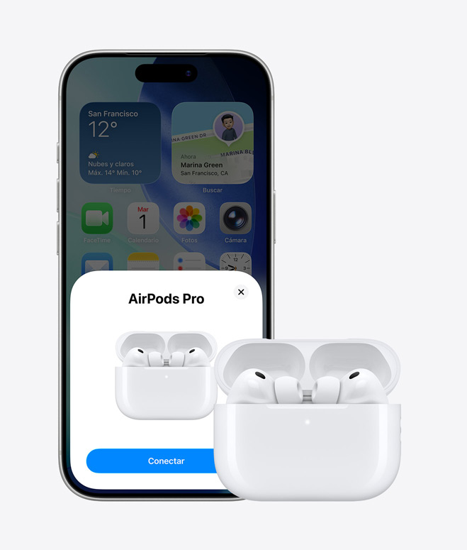 iPhone 17 Pro, parte delantera exterior, pantalla de inicio de fondo, notificación para conectar unos AirPods en la pantalla, AirPods en un estuche abierto al lado del iPhone