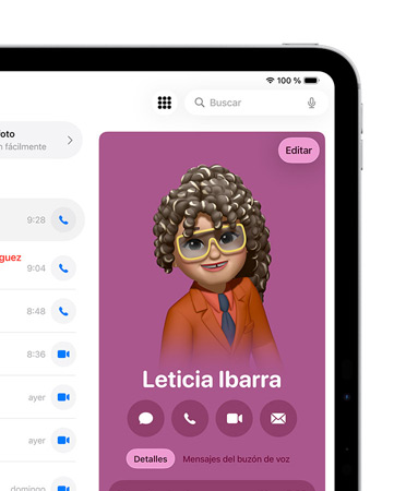 Parte delantera derecha de la pantalla de un iPad en la que aparece una tarjeta de contacto abierta en la app Teléfono con distintas opciones, como enviar un mensaje o llamar