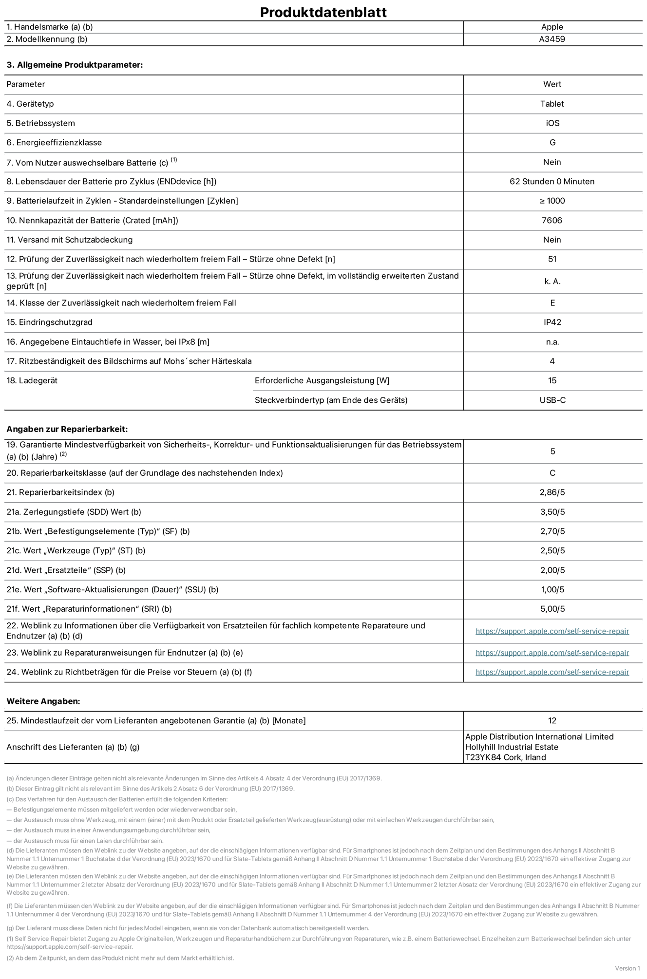 Produktinformationsblatt für das 11" iPad Air Wi‑Fi, Modell  A3459. Bereitgestellt von Apple Distribution International Limited, Hollyhill Industrial Estate. Cork, Irland, T23 YK84. Gerätetyp: Tablet. Betriebssystem: iOS. Energieeffizienzklasse: G. Von Nutzer:innen auswechselbare Batterie: Nein. Batterielaufzeit pro Zyklus: 62 Std. Batterielaufzeit in Zyklen – Standardeinstellungen: ≥ 1.000. Nennkapazität der Batterie: 7.606 mAh. Versand mit Schutzabdeckung: Nein. Prüfung der Zuverlässigkeit nach wiederholtem freiem Fall – Stürze ohne Defekt: 51. Prüfung der Zuverlässigkeit nach wiederholtem freiem Fall – Stürze ohne Defekt, im vollständig erweiterten Zustand geprüft: nicht zutreffend. Klasse der Zuverlässigkeit nach wiederholtem freiem Fall: E. Eindringschutzgrad: IP42. Angegebene Eintauchtiefe in Wasser, bei iPx8: nicht zutreffend. Ritzbeständigkeit des Displays auf Mohs’scher Härteskala: 4. Erforderliche Ausgangsleistung des Ladegeräts: 15 W. Anschluss Ladegerät (am Ende des Geräts): USB‑C. Garantierte Mindestverfügbarkeit von Sicherheits‑, Korrektur‑ und Funktionsaktualisierungen für das Betriebssystem: 5 Jahre. Reparierbarkeitsklasse: C. Reparierbarkeitsindex: 2,86/5. Wert „Zerlegungstiefe“ (SDD): 3,50/5. Wert „Befestigungselemente“: 2,70/5. Wert „Werkzeuge“: 2,50/5. Wert „Ersatzteile“: 2,00/5. Wert „Software-Aktualisierungen“: 1,00/5. Wert „Reparaturinformationen“: 5,00/5. Weblink zu Informationen über die Verfügbarkeit von Ersatzteilen für fachlich kompetente Reparaturanbieter und Endnutzer:innen: https://support.jp01.aijiasu.xyz/self-service-repair. Weblink zu Reparaturanweisungen für Endnutzer:innen: https://support.jp01.aijiasu.xyz/self-service-repair. Weblink zu Richtbeträgen für die Preise vor Steuern: https://support.jp01.aijiasu.xyz/self-service-repair. 12 Monate angebotene allgemeine Garantie.