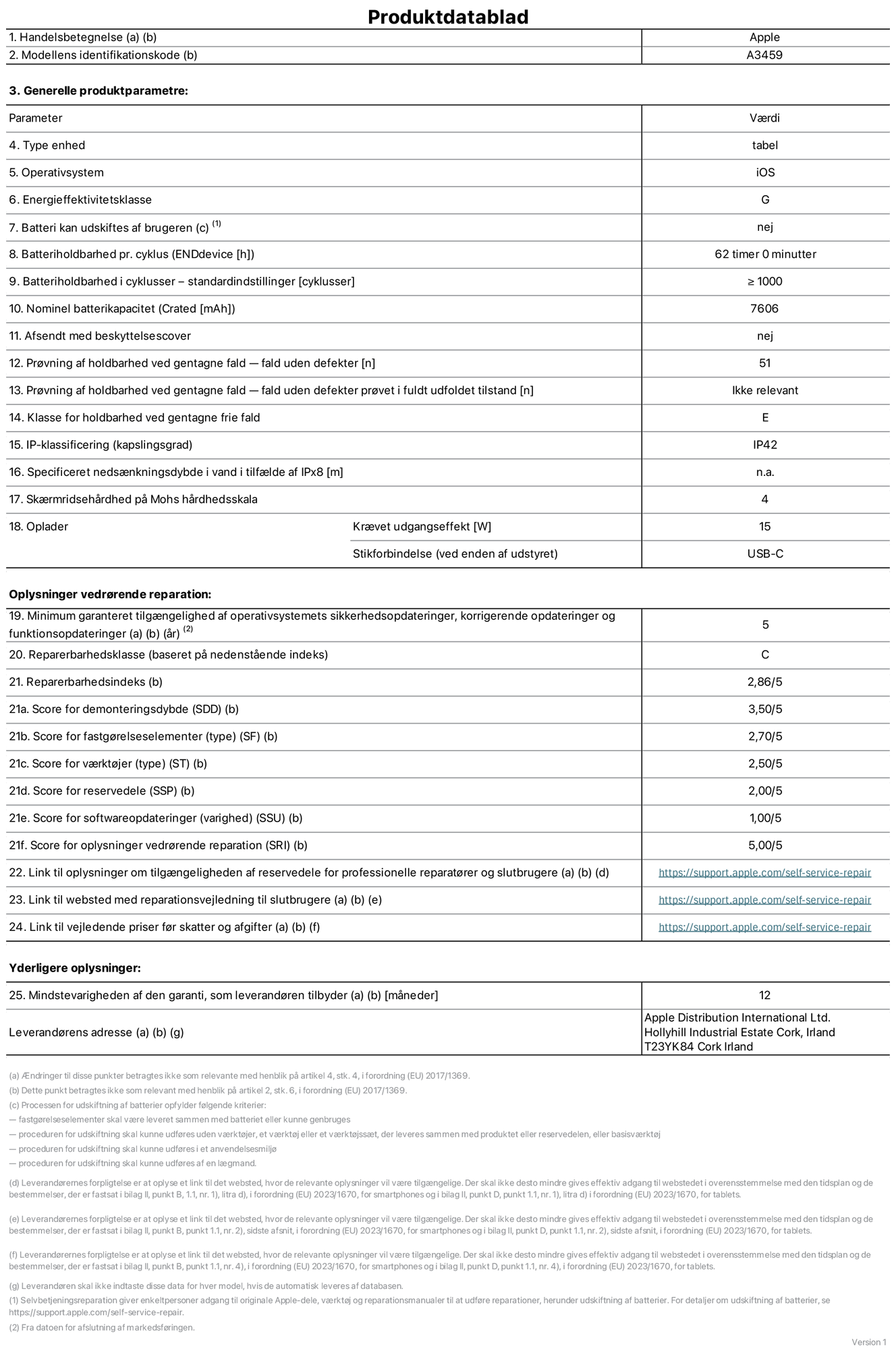 Produktdatablad til 11" iPad Air Wi‑Fi, model A3459. Leveret af Apple Distribution International Limited, Hollyhill Industrial Estate. Cork, Irland, T23 YK84. Enhedstype: tablet. Styresystem: iOS. Energieffektivitetsklasse: G. Batteri kan udskiftes af brugeren: nej. Batteritid pr. cyklus: 62 timer. Batterilevetid i cyklusser – standardindstillinger: ≥ 1000. Nominel batterikapacitet: 7606 mAh. Leveres med beskyttelsescover: nej. Holdbarhedstest ved gentagne fald – fald uden defekt: 51. Holdbarhedstest ved gentagne fald – fald uden defekt testet i fuldt udfoldet tilstand: ikke relevant. Holdbarhedsklasse ved gentagne fald: E. Kapslingsklasse: IP42. Angivet nedsænkningsdybde i vand ved IPx8: ikke relevant. Skærmens ridsefasthed på Mohs' hårdhedsskala: 4. Påkrævet udgangseffekt for oplader: 15 watt. Opladerstiktype (på enheden): USB‑C. Garanteret minimumsperiode for tilgængelighed af sikkerhedsopdateringer, fejlrettelser og funktionsopdateringer til styresystemet: 5 år. Reparerbarhedsklasse: C. Reparationsindeks: 2,86/5. Score for demonteringsdybde (SDD): 3,50/5. Score for fastgørelseselementer: 2,70/5. Score for værktøj: 2,50/5. Score for reservedele: 2,00/5. Score for softwareopdateringer: 1,00/5. Score for reparationsoplysninger: 5,00/5. Weblink til oplysninger om tilgængeligheden af reservedele for professionelle reparatører og slutbrugere: https://support.jp01.aijiasu.xyz/self-service-repair. Weblink til vejledning i reparation for slutbrugere: https://support.jp01.aijiasu.xyz/self-service-repair. Weblink til vejledende priser før skatter og afgifter: https://support.jp01.aijiasu.xyz/self-service-repair. Produktet er omfattet af 12 måneders garanti.