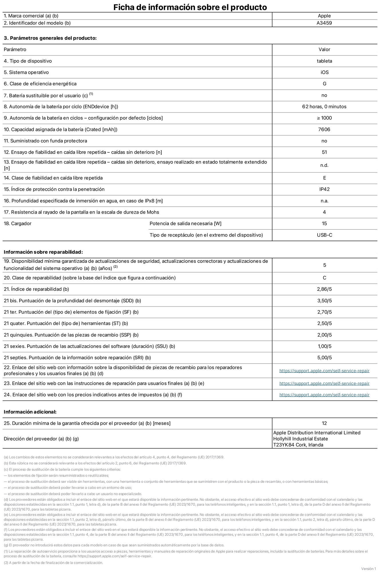 Ficha de información de producto del iPad Air de 11 pulgadas (Wi‑Fi), modelo A3459. Suministrado por Apple Distribution International Limited con sede en Hollyhill Industrial Estate, T23 YK84 Cork (Irlanda). Tipo de dispositivo: Tablet. Sistema operativo: iOS. Clase de eficiencia energética: G. Batería sustituible por el usuario: No. Autonomía de la batería por ciclo: 62 horas. Autonomía de la batería en ciclos (configuración por defecto): ≥ 1.000. Capacidad asignada de la batería: 7.606 mAh. Suministrado con funda protectora: No. Caídas sin deterioro en ensayo de fiabilidad en caída libre repetida: 51. Caídas sin deterioro en ensayo de fiabilidad en caída libre repetida realizado en estado totalmente extendido: No aplicable. Clase de fiabilidad en caída libre repetida: E. Índice de protección contra la penetración: IP42. Profundidad especificada de inmersión en agua, en caso de iPx8: No aplicable. Resistencia al rayado de la pantalla en la escala de dureza de Mohs: 4. Potencia de salida necesaria del cargador: 15 W. Tipo de receptáculo del cargador (en el extremo del dispositivo): USB‑C. Disponibilidad mínima garantizada de actualizaciones de seguridad, correctoras y de funcionalidad del sistema operativo: 5 años. Clase de reparabilidad: C. Índice de reparabilidad: 2,86/5. Puntuación de la profundidad del desmontaje (SDD): 3,5/5. Puntuación de los elementos de fijación: 2,7/5. Puntuación de las herramientas: 2,5/5. Puntuación de las piezas de recambio: 2/5. Puntuación de las actualizaciones de software: 1/5. Puntuación de la información sobre reparación: 5/5. Enlace del sitio web con información sobre la disponibilidad de piezas de recambio para reparadores profesionales y usuarios finales: https://support.jp01.aijiasu.xyz/self-service-repair. Enlace del sitio web con las instrucciones de reparación para usuarios finales: https://support.jp01.aijiasu.xyz/self-service-repair. Enlace del sitio web con los precios indicativos antes de impuestos: https://support.jp01.aijiasu.xyz/self-service-repair. Se ofrece una garantía general de 12 meses.