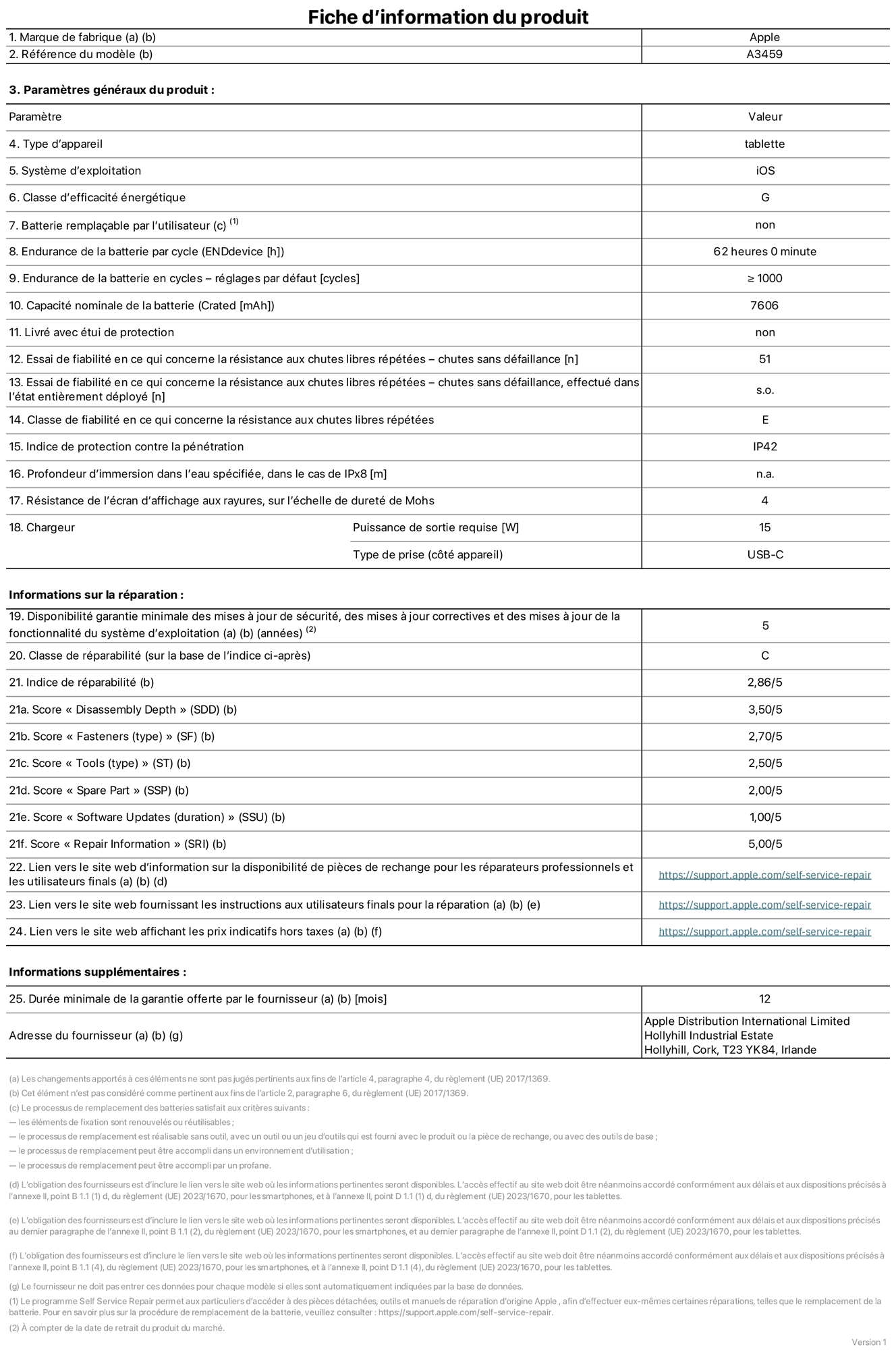 Fiche d’informations produit de l’iPad Air 11 pouces Wi‑Fi, modèle A3459. Fournie par Apple Distribution International Limited, Hollyhill Industrial Estate. Cork, T23 YK84, Irlande. Type d’appareil : tablette. Système d’exploitation : iOS. Classe d’efficacité énergétique : G. Batterie remplaçable par l’utilisateur : non. Endurance de la batterie par cycle : 62 heures. Endurance de la batterie en cycles – réglages par défaut : supérieure ou égale à 1 000. Capacité nominale de la batterie : 7 606 mAh. Livré avec étui de protection : non. Essai de fiabilité en ce qui concerne la résistance aux chutes libres répétées – chutes sans défaillance : 51. Essai de fiabilité en ce qui concerne la résistance aux chutes libres répétées – chutes sans défaillance, effectué dans l’état entièrement déployé : non applicable. Classe de fiabilité en ce qui concerne la résistance aux chutes libres répétées : E. Indice de protection contre la pénétration : IP42. Profondeur d’immersion dans l’eau spécifiée, dans le cas de l’IPx8 : non applicable. Résistance de l’écran d’affichage aux rayures sur l’échelle de dureté de Mohs : 4. Puissance de sortie requise du chargeur : 15 W. Type de prise (côté appareil) : USB‑C. Disponibilité garantie minimale des mises à jour de sécurité, des mises à jour correctives et des mises à jour de la fonctionnalité du système d’exploitation : 5 ans. Classe de réparabilité : C. Indice de réparabilité : 2,86/5. Score pour la profondeur de désassemblage (SDD) : 3,50/5. Score pour les éléments de fixation : 2,70/5. Score pour les outils : 2,50/5. Score pour les pièces de rechange : 2,00/5. Score pour la mise à jour des logiciels : 1,00/5. Score pour les informations concernant la réparation : 5,00/5. Lien vers le site web d’information sur la disponibilité des pièces de rechange pour les réparateurs professionnels et les utilisateurs finals : https://support.jp01.aijiasu.xyz/self-service-repair. Lien vers le site web fournissant les instructions aux utilisateurs finals pour la réparation : https://support.jp01.aijiasu.xyz/self-service-repair. Lien vers le site web affichant les prix indicatifs hors taxes : https://support.jp01.aijiasu.xyz/self-service-repair. Garantie générale de 12 mois offerte.
