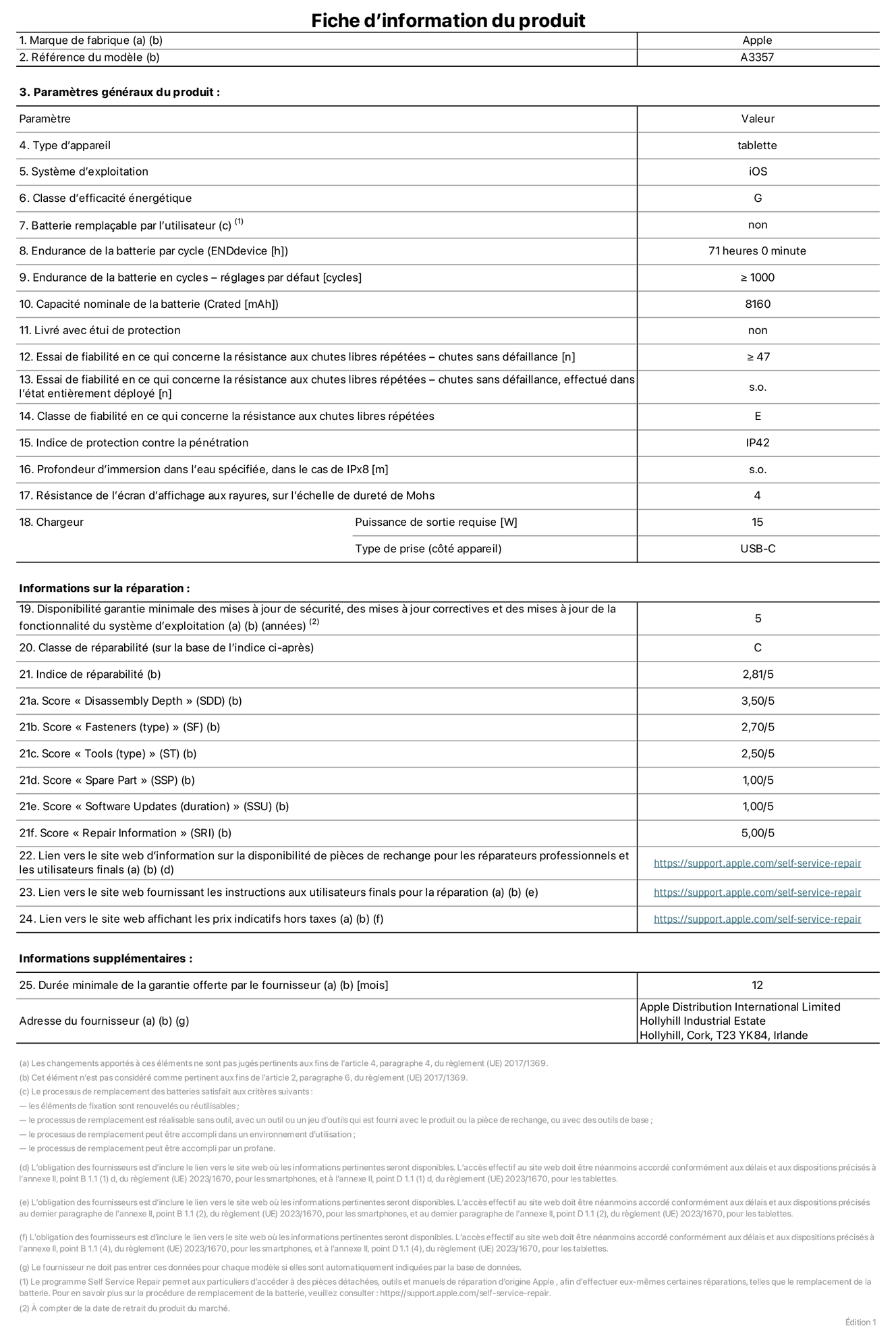 Fiche d’informations produit de l’iPad Pro 11 pouces M5 Wi‑Fi, modèle A3357. Fournie par Apple Distribution International Limited, Hollyhill Industrial Estate. Cork, T23 YK84, Irlande. Type d’appareil : tablette. Système d’exploitation : iOS. Classe d’efficacité énergétique : G. Batterie remplaçable par l’utilisateur : non. Endurance de la batterie par cycle : 71 heures. Endurance de la batterie en cycles – réglages par défaut : supérieure ou égale à 1 000. Capacité nominale de la batterie : 8 160 mAh. Livré avec étui de protection : non. Essai de fiabilité en ce qui concerne la résistance aux chutes libres répétées – chutes sans défaillance : supérieur ou égal à 47. Essai de fiabilité en ce qui concerne la résistance aux chutes libres répétées – chutes sans défaillance, effectué dans l’état entièrement déployé : non applicable. Classe de fiabilité en ce qui concerne la résistance aux chutes libres répétées : E. Indice de protection contre la pénétration : IP42. Profondeur d’immersion dans l’eau spécifiée, dans le cas de l’IPx8 : non applicable. Résistance de l’écran d’affichage aux rayures sur l’échelle de dureté de Mohs : 4. Puissance de sortie requise du chargeur : 15 W. Type de prise (côté appareil) : USB‑C. Disponibilité garantie minimale des mises à jour de sécurité, des mises à jour correctives et des mises à jour de la fonctionnalité du système d’exploitation : 5 ans. Classe de réparabilité : C. Indice de réparabilité : 2,81/5. Score pour la profondeur de désassemblage (SDD) : 3,50/5. Score pour les éléments de fixation : 2,70/5. Score pour les outils : 2,50/5. Score pour les pièces de rechange : 1,00/5. Score pour la mise à jour des logiciels : 1,00/5. Score pour les informations concernant la réparation : 5,00/5. Lien vers le site web d’information sur la disponibilité des pièces de rechange pour les réparateurs professionnels et les utilisateurs finals : https://support.jp01.aijiasu.xyz/self-service-repair. Lien vers le site web fournissant les instructions aux utilisateurs finals pour la réparation : https://support.jp01.aijiasu.xyz/self-service-repair. Lien vers le site web affichant les prix indicatifs hors taxes : https://support.jp01.aijiasu.xyz/self-service-repair. Garantie générale de 12 mois offerte.