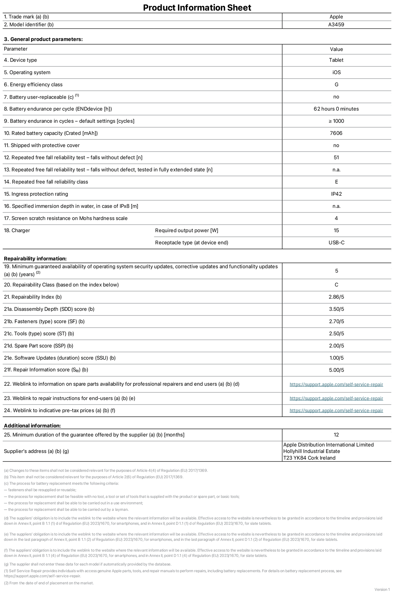 Product information sheet for 11-inch iPad Air Wi‑Fi, model A3459. Supplied by Apple Distribution International Limited, Hollyhill Industrial Estate. Cork, Ireland, T23 YK84. Device type: tablet. Operating system: iOS. Energy efficiency class: G. Battery user-replaceable: no. Battery endurance per cycle: 62 hours. Battery endurance in cycles — default settings: greater than or equal to 1,000. Rated battery capacity: 7606 milliampere-hours. Shipped with protective cover: no. Repeated free fall reliability test - falls without defect: 51. Repeated free fall reliability test — falls without defect tested in fully extended state: not applicable. Repeated free fall in reliability class: E. Ingress protection rating: IP42. Specified immersion depth in water, in case of iPx8: not applicable. Screen scratch resistance on Mohs hardness scale: 4. Charger required output power: 15 watts. Charger receptacle type (at device end): USB‑C. Minimum guaranteed availability of operating system security updates, corrective updates and functionality updates: 5 years. Repairability class: C. Repairability index: 2.86/5. Disassembly Depth (SDD) score: 3.50/5. Fasteners score: 2.70/5. Tools score: 2.50/5. Spare part score: 2.00/5. Software updates score: 1.00/5. Repair information score: 5.00/5. Weblink to information on spare parts availability for professional repairers and end-users: https://support.jp01.aijiasu.xyz/self-service-repair. Weblink to repair instructions for end-users: https://support.jp01.aijiasu.xyz/self-service-repair. Weblink to indicative pre-tax prices: https://support.jp01.aijiasu.xyz/self-service-repair. 12 month general guarantee offered.