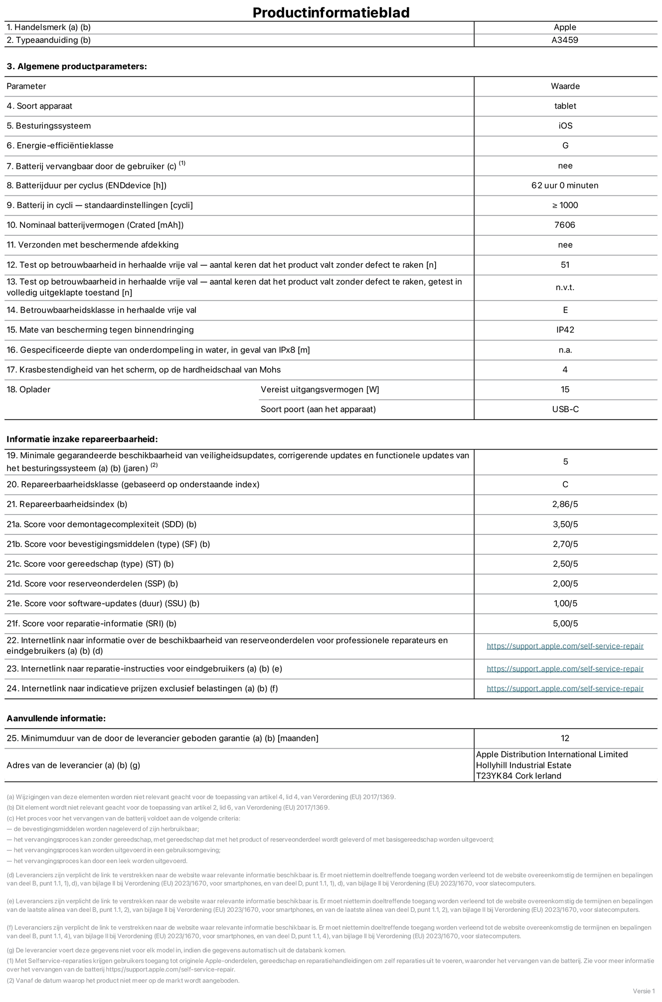 Productinformatieblad voor 11‑inch iPad Air (Wi‑Fi), model A3459. Verstrekt door Apple Distribution International Limited, Hollyhill Industrial Estate. Cork, Ierland, T23 YK84. Type device: tablet. Besturingssysteem: iOS. Energie-efficiëntieklasse: G. Batterij door de gebruiker te vervangen: nee. Batterijduur per cyclus: 62 uur. Batterijduur in cycli, standaardinstellingen: groter dan of gelijk aan 1000. Nominale batterijcapaciteit: 7606 mAh. Geleverd met beschermhoesje: nee. Herhaalde betrouwbaarheidstest voor vrije val, valpartijen zonder defect: 51. Herhaalde betrouwbaarheidstest voor vrije val, valpartijen zonder defect getest in volledig verlengde staat: niet van toepassing. Herhaalde vrije val betrouwbaarheidsklasse: E. Beschermingsklasse: IP42. Gespecificeerde dompeldiepte in water, in geval van iPx8: niet van toepassing. Krasbestendigheid van het scherm op de hardheidsschaal van Mohs: 4. Uitgangsvermogen vereist voor oplader: 15 watt. Type opladeraansluiting (aan het uiteinde van het device): USB‑C. Minimale gegarandeerde beschikbaarheid van beveiligingsupdates van het besturingssysteem, corrigerende updates en functionaliteitsupdates: 5 jaar. Repareerbaarheidsklasse: C. Repareerbaarheidsindex: 2,86/5. Score demontagediepte (SDD): 3,50/5. Score sluitingen: 2,70/5. Gereedschapsscore: 2,50/5. Score reserveonderdelen: 2,00/5. Score software-updates: 1,00/5. Score reparatiegegevens: 5,00/5. Weblink naar informatie over de beschikbaarheid van reserveonderdelen voor professionele reparaties en eindgebruikers: https://support.jp01.aijiasu.xyz/self-service-repair. Weblink voor reparatie-instructies voor eindgebruikers: https://support.jp01.aijiasu.xyz/self-service-repair. Weblink naar indicatieve prijzen vóór belasting: https://support.jp01.aijiasu.xyz/self-service-repair. Inclusief 12 maanden algemene garantie.