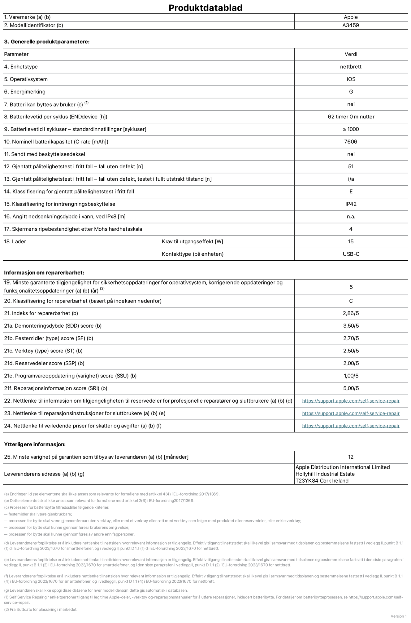Produktdatablad for 11-tommers iPad Air Wi‑Fi – modell A3459. Levert av Apple Distribution International Limited, Hollyhill Industrial Estate. Cork, Irland, T23 YK84. Enhetstype: nettbrett. Operativsystem: iOS. Energieffektivitetsklasse: G. Batteriet kan byttes av brukeren: nei. Batteriets holdbarhet per ladesyklus: 62 timer. Batteriets holdbarhet i antall ladesykluser – standardinnstillinger: større enn eller lik 1000. Nominell batterikapasitet: 7606 mAh Leveres med beskyttelsesdeksel: nei. Holdbarhetstest ved gjentatte fall – antall fall uten feil: 51. Holdbarhetstest ved gjentatte fall – antall fall uten feil i helt utfoldet tilstand: ikke relevant. Holdbarhetsklasse ved gjentatte fall: E. Kapslingsgrad: IP42. Angitt nedsenkingsdybde i vann ved IPx8: ikke relevant. Skjermens ripefasthet på Mohs skala: 4. Krav til laderens utgangseffekt: 15 watt. Laderens stikkontakt (på enhetssiden): USB‑C. Minstegaranti for tilgang på sikkerhetsoppdateringer, feilrettinger og funksjonsoppdateringer til operativsystemet: 5 år. Reparerbarhetsklasse: C. Reparerbarhetsindeks: 2,86/5. Demontering: 3,50/5. Festeanordninger: 2,70/5. Verktøy: 2,50/5. Reservedeler: 2,00/5. Programvareoppdateringer: 1,00/5. Informasjon om reparasjon: 5,00/5. Lenke til informasjon om tilgjengelighet for reservedeler for profesjonelle reparatører og sluttbrukere: https://support.jp01.aijiasu.xyz/self-service-repair. Lenke til reparasjonsveiledning for sluttbrukere: https://support.jp01.aijiasu.xyz/self-service-repair. Lenke til veiledende priser ekskl. mva: https://support.jp01.aijiasu.xyz/self-service-repair. Produktet omfattes av en 12-måneders generell garanti.