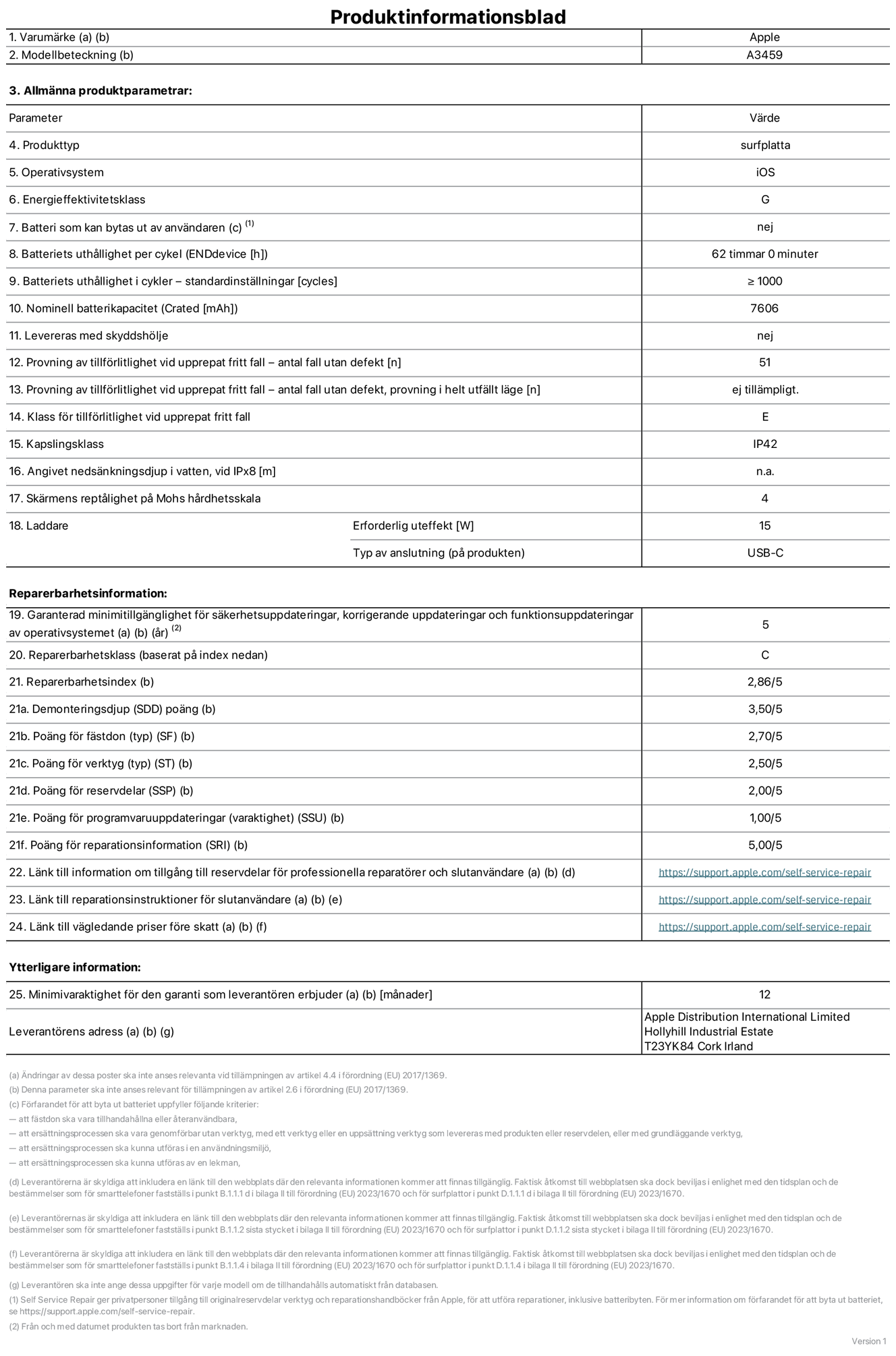 Produktinformationsblad för 11-tums iPad Air Wi‑Fi, modell A3459. Tillhandahålls av Apple Distribution International Limited, Hollyhill Industrial Estate. Cork, Irland, T23 YK84. Enhetstyp: surfplatta. Operativsystem: iOS. Energieffektivitetsklass: G. Batteri som kan bytas ut av användaren: nej. Batteritid per laddningscykel: 62 timmar. Batteriets livslängd i antal cykler – standardinställningar: ≥ 1000. Nominell batterikapacitet: 7606 mAh. Levereras med skyddsfodral: nej. Tillförlitlighetstest vid upprepat fritt fall – antal fall utan defekter: 51. Tillförlitlighetstest vid upprepat fritt fall – antal fall utan defekter testat i helt utfällt läge: ej tillämpligt. Tillförlitlighet vid upprepat fritt fall: klass E. IP-klass: IP42. Angivet nedsänkningsdjup i vatten vid iPx8: ej tillämpligt. Skärmens reptålighet enligt Mohs hårdhetsskala: 4. Laddare – uteffekt som krävs: 15 W. Typ av uttag på laddaren: usb-c. Garanterad minimiperiod för tillgång till säkerhetsuppdateringar, korrigerande uppdateringar och funktionsuppdateringar av operativsystemet: 5 år. Reparerbarhetsklass: C. Reparerbarhetsindex: 2,86/5. Poäng för demonteringsdjup (SDD): 3,50/5. Poäng för fästen: 2,70/5. Poäng för verktyg: 2,50/5. Poäng för reservdelar: 2,00/5. Poäng för mjukvaruuppdateringar: 1,00/5. Poäng för reparationsinformation: 5,00/5. Länk till information om tillgängliga reservdelar för professionella reparatörer och slutanvändare: https://support.jp01.aijiasu.xyz/self-service-repair. Länk till reparationsanvisningar för slutanvändare: https://support.jp01.aijiasu.xyz/self-service-repair. Länk till vägledande priser före skatt: https://support.jp01.aijiasu.xyz/self-service-repair. Produkten omfattas av 12 månaders garanti.