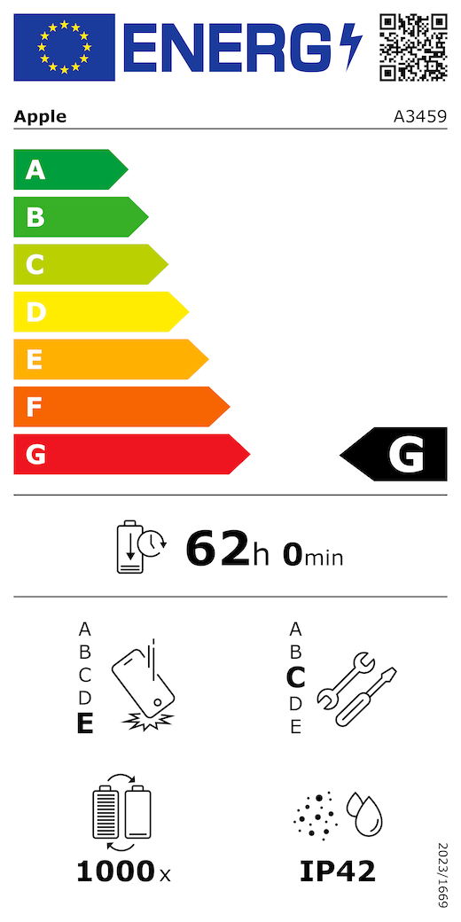 Etichetta energetica UE, codice QR e informazioni, modello Apple A3459, classe G, classi di efficienza energetica (con una scala da A a G), da A (efficienza massima) a G (efficienza minima), autonomia della batteria per ciclo corrispondente a 62 ore e 0 minuti per ogni carica completa, classe di affidabilità E in caso di caduta libera ripetuta, da A (robustezza massima) a E (robustezza minima), classe di riparabilità C, da A (riparabilità massima) a E (riparabilità minima), durata della batteria 1000 cicli, protezione dall’ingresso di polvere e acqua (IP) di grado IP42, regolamento 2023/1669.