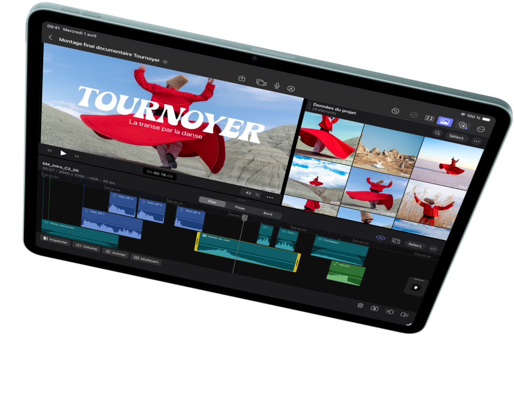 iPad Air en mode paysage, mettant en avant le montage vidéo dans Final Cut Pro