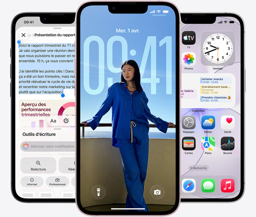 Trois iPhone 17e, face avant, capture d’écran montrant les Outils d’écriture en cours d’utilisation, écran verrouillé affichant la photo d’une personne et app Messages envoyant des messages par satellite