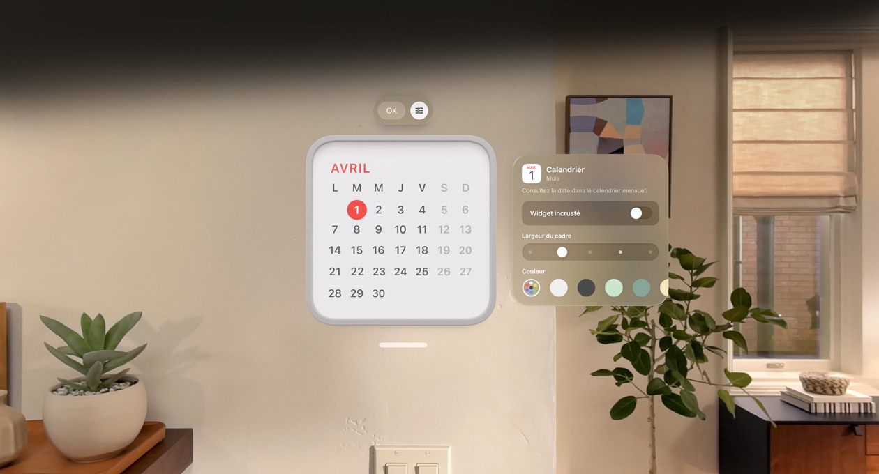 Lecture du widget Calendrier : la date du 1er avril défile sur le mur, le widget de rappel défile au-dessus, les options de personnalisation défilent pour changer l’épaisseur et la couleur du cadre sur la droite