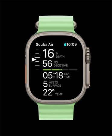 Apple Watch Ultra 3, φυσικό χρώμα, κάσα από τιτάνιο, μετρήσεις κατάδυσης Oceanic+: βάθος, χρόνος αποσυμπίεσης, χρόνος κατάδυσης, λεπτά μέχρι την επιφάνεια, θερμοκρασία νερού, λουράκι Ocean Band, πράσινο νέον χρώμα 