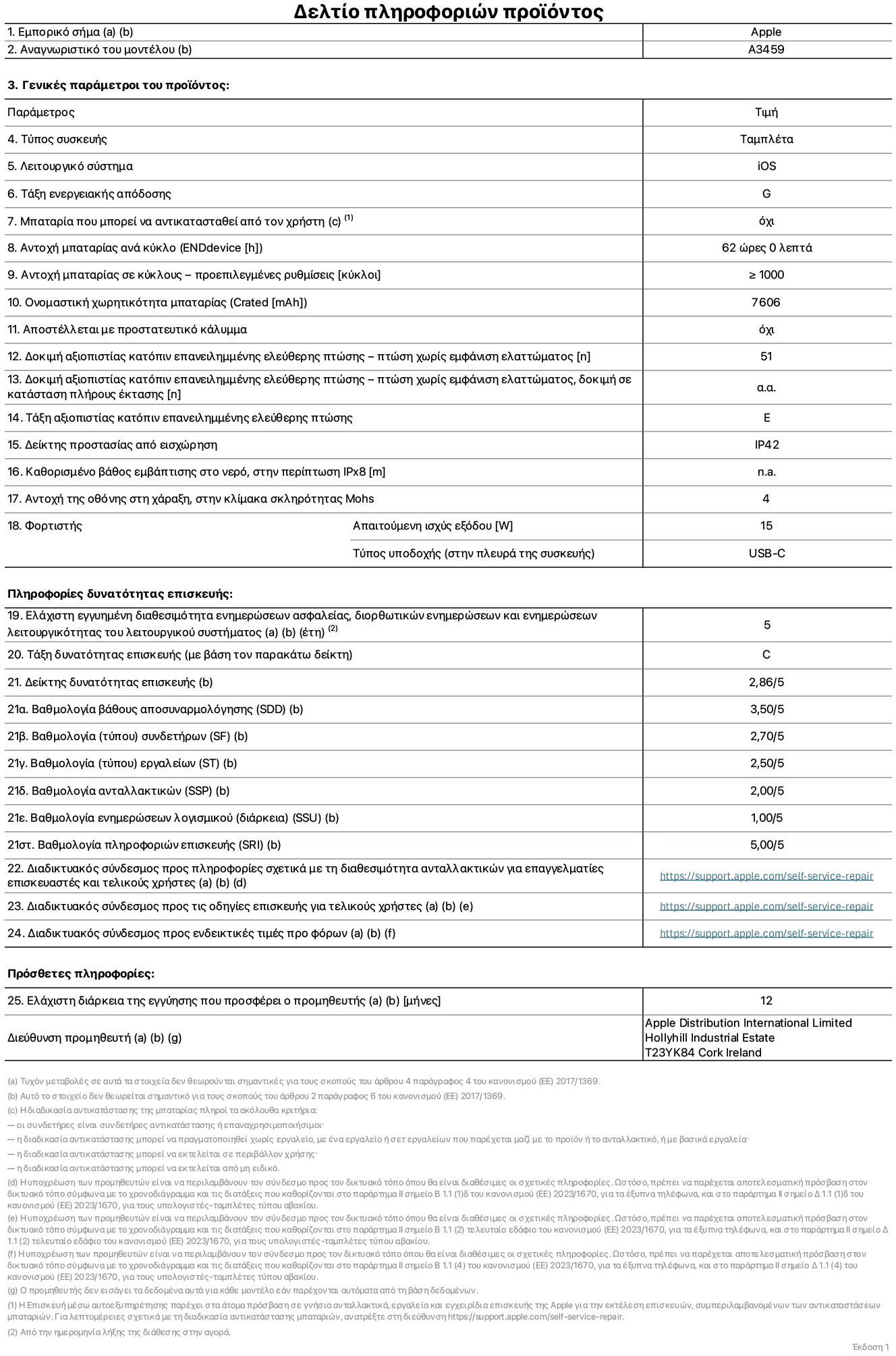 Φύλλο πληροφοριών προϊόντος για το iPad Air Wi-Fi 11 ιντσών, μοντέλο A3459. Παρέχεται από την Apple Distribution International Limited, Hollyhill Industrial Estate. Cork, Ιρλανδία, T23 YK84. Τύπος συσκευής: τάμπλετ. Λειτουργικό σύστημα: iOS. Τάξη ενεργειακής απόδοσης: G. Δυνατότητα αντικατάστασης μπαταρίας από τον χρήστη: όχι. Αντοχή μπαταρίας ανά κύκλο: 62 ώρες. Αντοχή μπαταρίας σε κύκλους - προεπιλεγμένες ρυθμίσεις: μεγαλύτερη ή ίση του 1.000. Ονομαστική χωρητικότητα μπαταρίας: 7.606 μιλιαμπέρ-ώρα. Αποστέλλεται με προστατευτικό κάλυμμα: όχι. Δοκιμή αξιοπιστίας κατόπιν επανειλημμένης ελεύθερης πτώσης, πτώσεις χωρίς βλάβη: περισσότερες ή ίσες με 51. Δοκιμή αξιοπιστίας κατόπιν επανειλημμένης ελεύθερης πτώσης, πτώσεις χωρίς βλάβη σε κατάσταση πλήρους έκτασης: μη διαθέσιμο. Τάξη αξιοπιστίας κατόπιν επανειλημμένης ελεύθερης πτώσης: E. Αξιολόγηση προστασίας από εισχώρηση: IP42. Καθορισμένο βάθος εμβύθισης σε νερό, σε περίπτωση iPx8: μη διαθέσιμο. Ανθεκτικότητα οθόνης στις γρατζουνιές στην κλίμακα σκληρότητας Mohs: 4. Απαιτούμενη ισχύς εξόδου φορτιστή: 15 W. Τύπος υποδοχής ηλεκτρικού ρεύματος φορτιστή (στο άκρο της συσκευής): USB-C. Ελάχιστη εγγυημένη διαθεσιμότητα ενημερώσεων ασφαλείας, διορθωτικών ενημερώσεων και ενημερώσεων λειτουργικότητας λειτουργικού συστήματος: 5 έτη. Τάξη επιδιορθωσιμότητας: C. Δείκτης επιδιορθωσιμότητας: 2,86/5. Βαθμολογία βάθους αποσυναρμολόγησης (SDD): 3,50/5. Βαθμολογία συνδετήρων: 2,70/5. Βαθμολογία εργαλείων: 2,50/5. Βαθμολογία ανταλλακτικών: 2.00/5. Βαθμολογία ενημερώσεων λογισμικού: 1,00/5. Βαθμολογία πληροφοριών επιδιόρθωσης: 5,00/5. Διαδικτυακός σύνδεσμος με πληροφορίες για τη διαθεσιμότητα ανταλλακτικών για επαγγελματίες τεχνικούς και τελικούς χρήστες: https://support.jp01.aijiasu.xyz/self-service-repair. Διαδικτυακός σύνδεσμος με πληροφορίες επιδιόρθωσης για τελικούς χρήστες: https://support.jp01.aijiasu.xyz/self-service-repair. Διαδικτυακός σύνδεσμος με ενδεικτικές τιμές προ φόρου: https://support.jp01.aijiasu.xyz/self-service-repair. Προσφέρεται 12μηνη γενική εγγύηση.