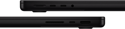 Παρουσίαση των θυρών στο MacBook Pro — αριστερή πλευρά: Magsafe 3, δύο θύρες Thunderbolt και υποδοχή ακουστικών — δεξιά πλευρά: υποδοχή κάρτας SDXC, μία θύρα Thunderbolt και HDMI