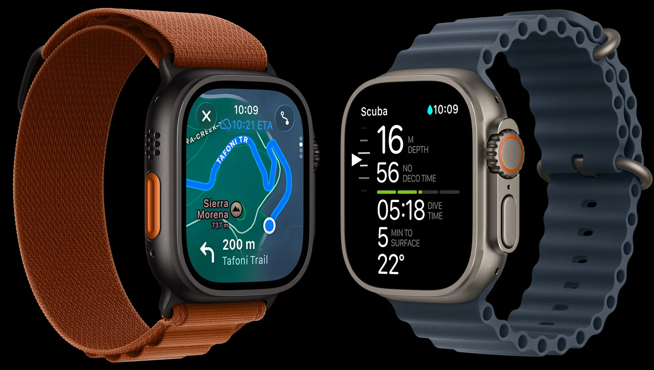 Apple Watch Ultra 3 devices, titanium cases, black and natural colors, trail map, diving metrics, bands, Alpine Loop, terra cotta color, Ocean Band anchor blue color