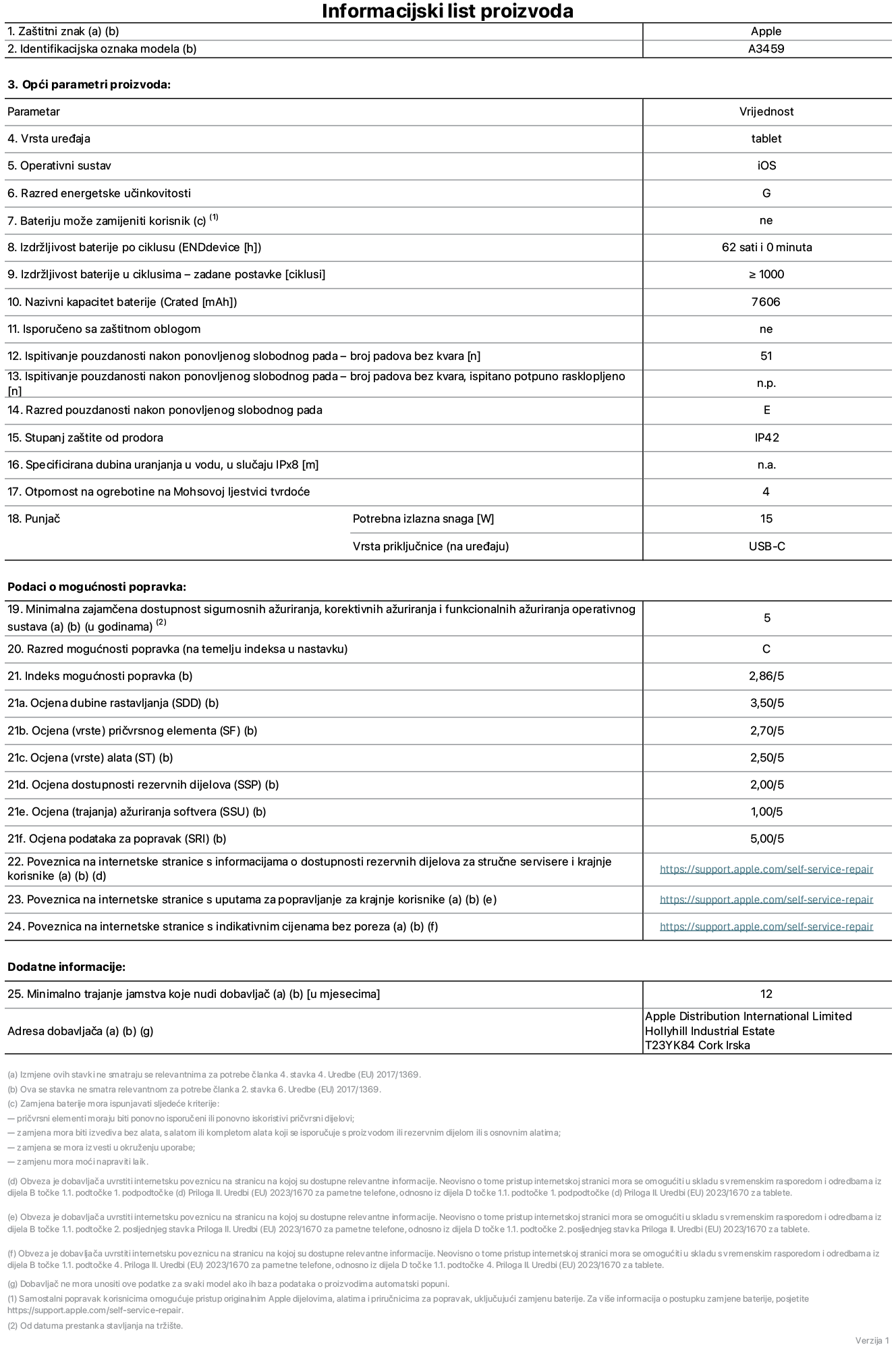 List s informacijama o proizvodu za 11-inčni iPad Air Wi-Fi, model A3459. Isporučuje Apple Distribution International Limited, Hollyhill Industrial Estate. Cork, Irska, T23 YK84. Vrsta uređaja: tablet. Operativni sustav: iOS. Klasa energetske učinkovitosti: G. Baterija koju može zamijeniti korisnik: ne. Trajanje baterije po ciklusu: 62 sata. Trajanje baterije u ciklusima - zadane postavke: 1000 ili više. Nazivni kapacitet baterije: 7606 mAh. Isporučeno sa zaštitnom maskom: ne. Test pouzdanosti pri višekratnim slobodnim padovima - broj padova bez kvara: 51 ili više. Test pouzdanosti pri višekratnim slobodnim padovima – broj padova bez kvara testiranih u potpuno proširenom stanju: nije primjenjivo. Klasa pouzdanosti pri višekratnim slobodnim padovima: E. Ocjena zaštite od prodiranja: IP42. Specificirana dubina uranjanja u vodu u slučaju ocjene iPx8: nije primjenjivo. Otpornost na grebanje zaslona na Mohsovoj ljestvici tvrdoće: 4. Potrebna izlazna snaga punjača: 15 W. Vrsta utičnice punjača (na strani uređaja): USB-C. Minimalna zajamčena dostupnost sigurnosnih ažuriranja operativnog sustava, korektivnih ažuriranja i ažuriranja funkcija: 5 godina. Klasa popravljivosti: C. Indeks popravljivosti: 2,86/5. Ocjena dubine rastavljanja (SDD): 3,5/5. Ocjena pričvrsnih elemenata: 2,7/5. Ocjena alata: 2,5/5. Ocjena rezervnih dijelova: 2/5. Ocjena ažuriranja softvera: 1/5. Ocjena informacija o popravcima: 5/5. Poveznica koja vodi do informacija o dostupnosti rezervnih dijelova za profesionalne servisere i krajnje korisnike: https://support.jp01.aijiasu.xyz/self-service-repair. Poveznica koja vodi do uputa za popravljanje za krajnje korisnike: https://support.jp01.aijiasu.xyz/self-service-repair. Poveznica koja vodi do indikativnih cijena prije poreza: https://support.jp01.aijiasu.xyz/self-service-repair. Ponuđeno je 12-mjesečno općenito jamstvo.