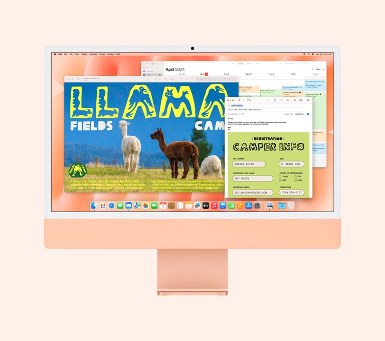 Narančasti iMac: na zaslonu se prikazuje upotreba aplikacija Pregled, Mail i Kalendar.