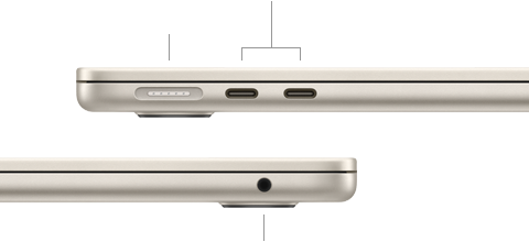 MacBook Air, zatvoren, lijeva strana prikazuje MagSafe i dva priključka Thunderbolt, desna strana prikazuje utičnicu za slušalice