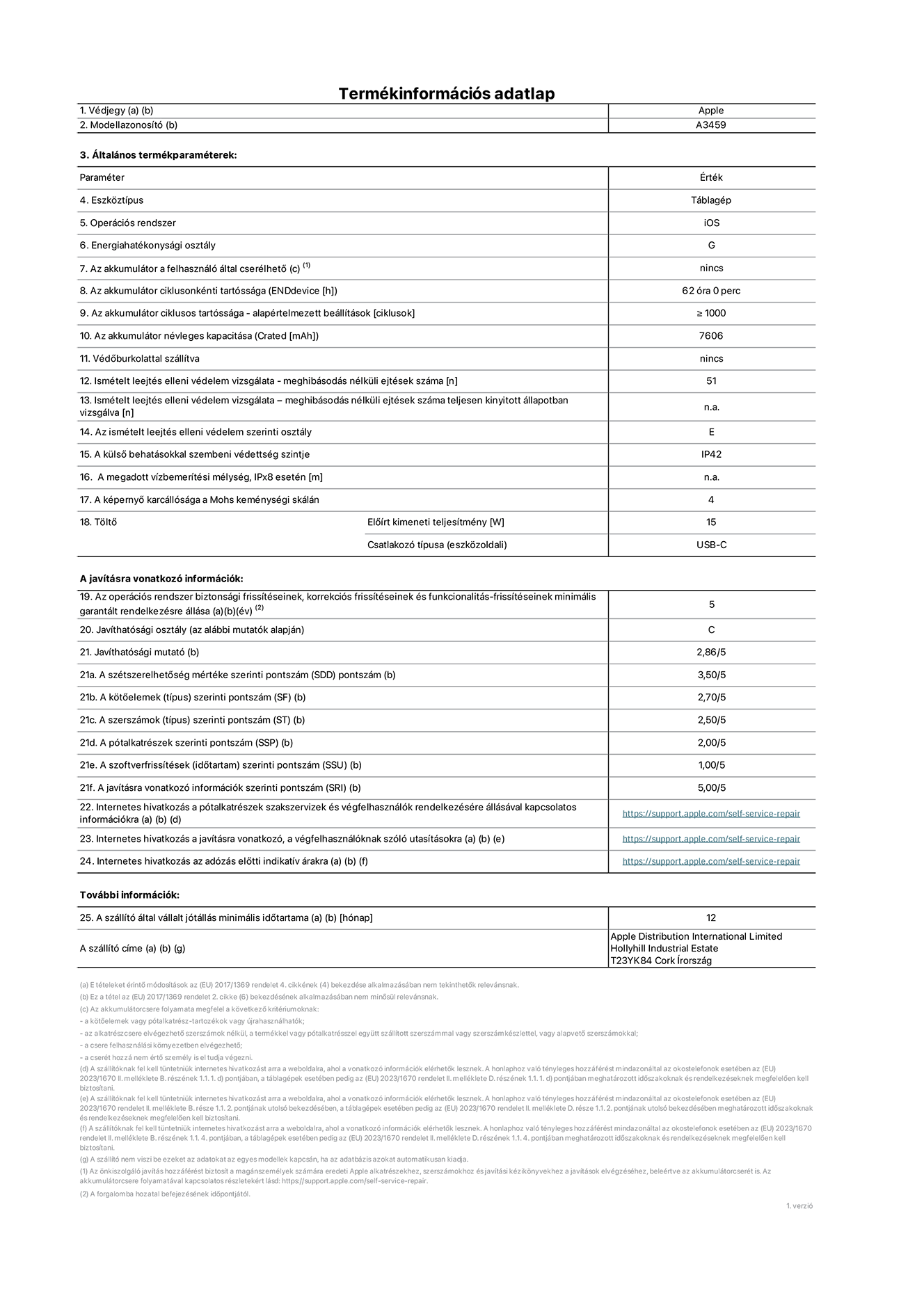 A 11 hüvelykes iPad Air, Wi-Fi, A3459‑es modell termékinformációs adatlapja. Szállító: Apple Distribution International Limited, Hollyhill Industrial Estate. Cork, Írország, T23 YK84. Eszköztípus: táblagép. Operációs rendszer: iOS. Energiahatékonysági osztály: G. Az akkumulátor a felhasználó által cserélhető: nem. Az akkumulátor ciklusonkénti tartóssága: 62 óra. Az akkumulátor ciklusszámban kifejezett tartóssága – alapértelmezett beállítások: ≥ 1000. Az akkumulátor névleges kapacitása: 7606 milliamperóra. Védőburkolattal szállítva: nem. Ismételt leejtés elleni védelem vizsgálata – meghibásodás nélküli ejtések száma: ≥ 51. Ismételt leejtés elleni védelem vizsgálata – meghibásodás nélküli ejtések száma teljesen kinyitott állapotban vizsgálva: nem vonatkozik erre a modellre. Az ismételt leejtés elleni védelem szerinti osztály: E. A külső behatásokkal szembeni védettség szintje: IP42. A megadott vízbemerítési mélység IPx8 esetén: nem vonatkozik erre a modellre. A képernyő karcállósága a Mohs keménységi skálán: 4. Töltő előírt kimeneti teljesítménye: 15 watt. Csatlakozó típusa (eszközoldali): USB-C. Az operációs rendszer biztonsági frissítéseinek, korrekciós frissítéseinek és funkcionalitás-frissítéseinek minimális garantált rendelkezésre állása: 5 év. Javíthatósági osztály: C. Javíthatósági mutató: 2,86/5. A szétszerelhetőség mértéke szerinti pontszám (SDD): 3,5/5. A kötőelemek szerinti pontszám: 2,7/5. A szerszámok szerinti pontszám: 2,5/5. A pótalkatrészek szerinti pontszám: 2/5. A szoftverfrissítések szerinti pontszám: 1/5. A javításra vonatkozó információk szerinti pontszám: 5/5. Internetes hivatkozás a pótalkatrészek szakszervizek és végfelhasználók rendelkezésére állásával kapcsolatos információkra: https://support.jp01.aijiasu.xyz/self-service-repair. Internetes hivatkozás a javításra vonatkozó, a végfelhasználóknak szóló utasításokra: https://support.jp01.aijiasu.xyz/self-service-repair. Internetes hivatkozás az adózás előtti indikatív árakra: https://support.jp01.aijiasu.xyz/self-service-repair. 12 hónapos általános jótállás.
