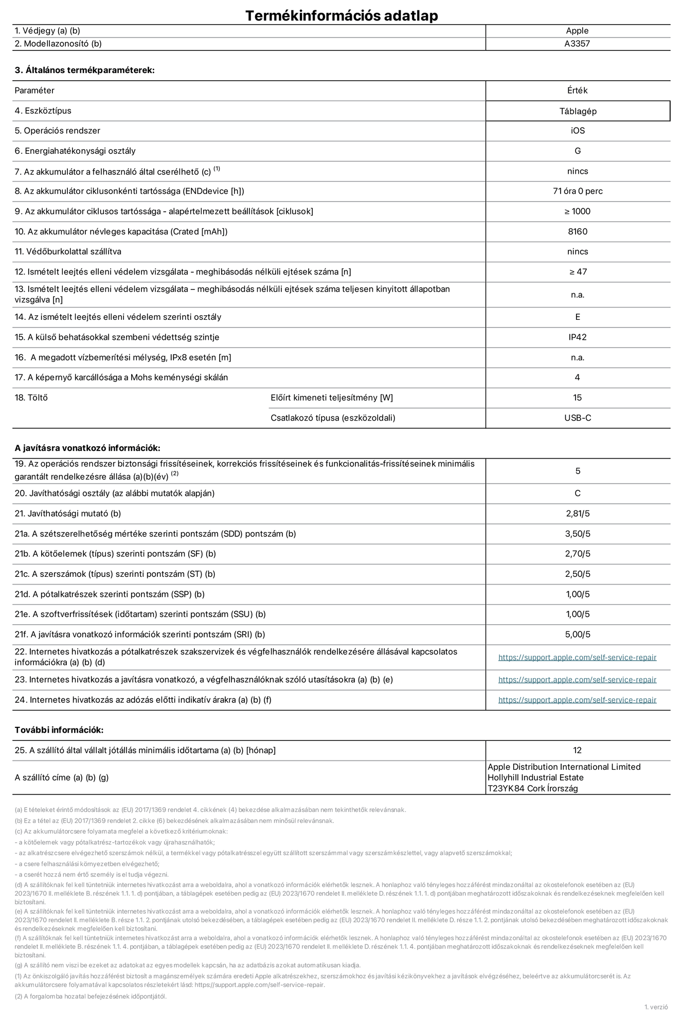 A 11 hüvelykes iPad Pro (M5, Wi-Fi, A3357‑es modell) termékinformációs adatlapja. Szállító: Apple Distribution International Limited, Hollyhill Industrial Estate. Cork, Írország, T23 YK84. Eszköztípus: táblagép. Operációs rendszer: iOS. Energiahatékonysági osztály: G. Az akkumulátor a felhasználó által cserélhető: nem. Az akkumulátor ciklusonkénti tartóssága: 71 óra. Az akkumulátor ciklusszámban kifejezett tartóssága – alapértelmezett beállítások: ≥ 1000. Az akkumulátor névleges kapacitása: 8160 milliamperóra. Védőburkolattal szállítva: nem. Ismételt leejtés elleni védelem vizsgálata – meghibásodás nélküli ejtések száma: ≥ 47. Ismételt leejtés elleni védelem vizsgálata – meghibásodás nélküli ejtések száma teljesen kinyitott állapotban vizsgálva: nem vonatkozik erre a modellre. Az ismételt leejtés elleni védelem szerinti osztály: E. A külső behatásokkal szembeni védettség szintje: IP42. A megadott vízbemerítési mélység IPx8 esetén: nem vonatkozik erre a modellre. A képernyő karcállósága a Mohs keménységi skálán: 4. Töltő előírt kimeneti teljesítménye: 15 watt. Csatlakozó típusa (eszközoldali): USB-C. Az operációs rendszer biztonsági frissítéseinek, korrekciós frissítéseinek és funkcionalitás-frissítéseinek minimális garantált rendelkezésre állása: 5 év. Javíthatósági osztály: C. Javíthatósági mutató: 2,81/5. A szétszerelhetőség mértéke szerinti pontszám (SDD): 3,5/5. A kötőelemek szerinti pontszám: 2,7/5. A szerszámok szerinti pontszám: 2,5/5. A pótalkatrészek szerinti pontszám: 1/5. A szoftverfrissítések szerinti pontszám: 1/5. A javításra vonatkozó információk szerinti pontszám: 5/5. Internetes hivatkozás a pótalkatrészek szakszervizek és végfelhasználók rendelkezésére állásával kapcsolatos információkra: https://support.jp01.aijiasu.xyz/hu-hu/self-service-repair. Internetes hivatkozás a javításra vonatkozó, a végfelhasználóknak szóló utasításokra: https://support.jp01.aijiasu.xyz/hu-hu/self-service-repair. Internetes hivatkozás az adózás előtti indikatív árakra: https://support.jp01.aijiasu.xyz/hu-hu/self-service-repair. 12 hónapos általános jótállás.