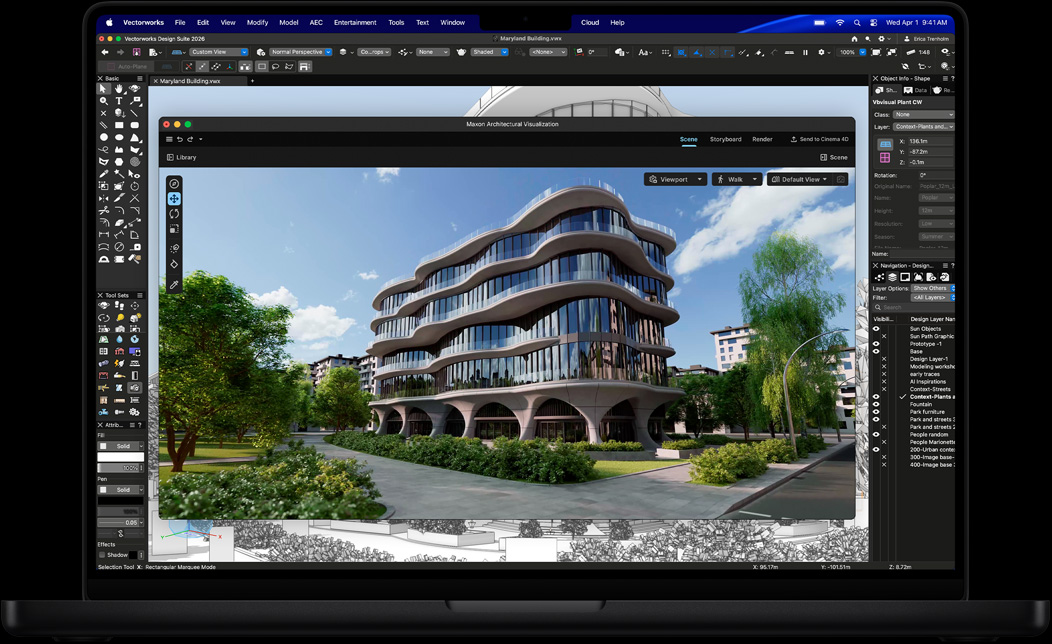 Egy MacBook Pro kijelzőjén a Vectorworks Design Suite látszik a Maxon Redshifttel