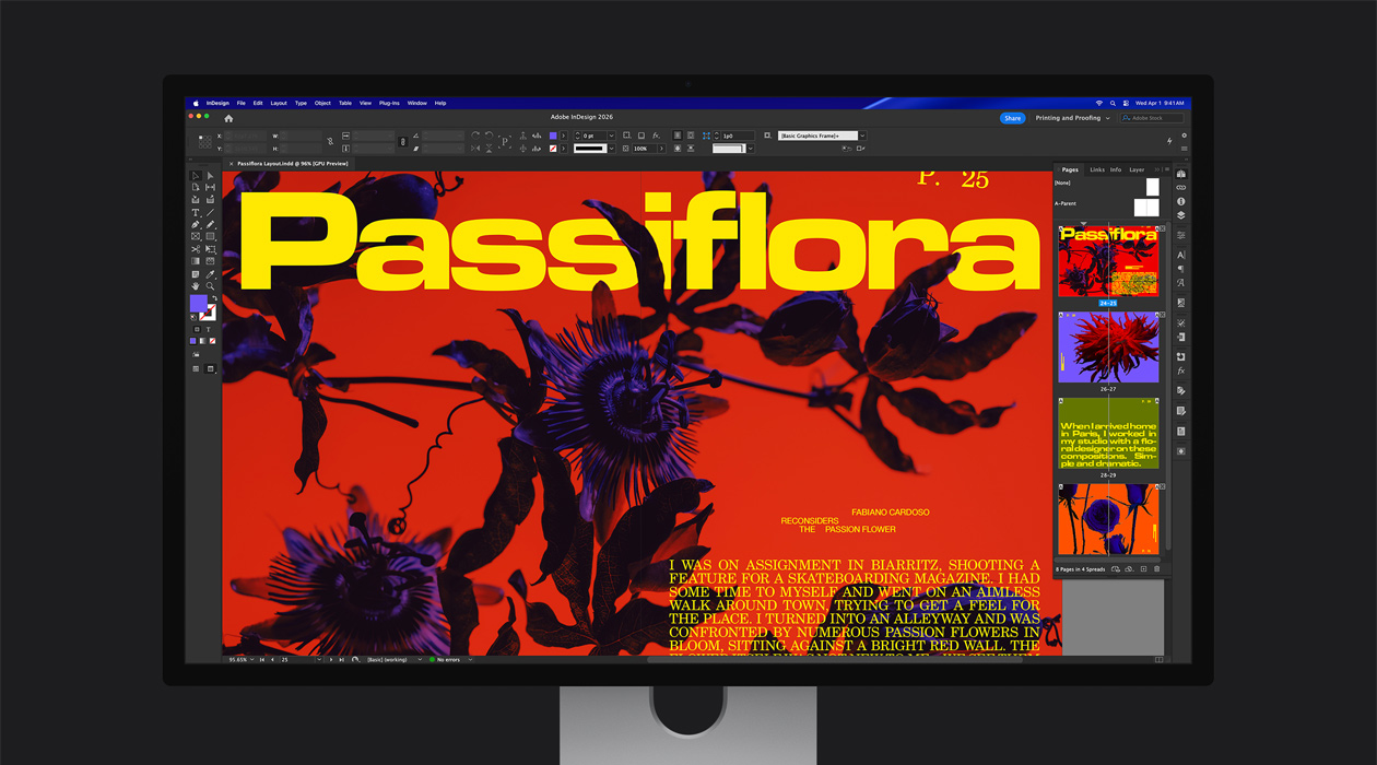 Egy Adobe InDesign 2026-fájlban egy élénk színű magazinoldal mutatja be a P3 + Adobe RGB színteret