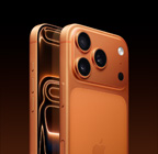 iPhone 17 Pro, cosmic orange finish, back-angled exterior, Pro Fusion camera system in plateau at top, Camera Control button, front-side exterior all-screen design, Action and volume buttons