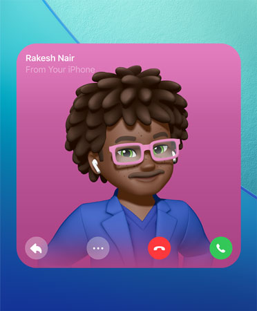 FaceTime Contact Poster, Genmoji in centre, person’s name top left, icons for reply, more options, hang up and pick up on the bottom
