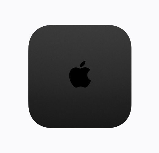 블랙 색상, Apple TV 4K, 상단 외관, 광택 나는 블랙 색상의 Apple TV 로고