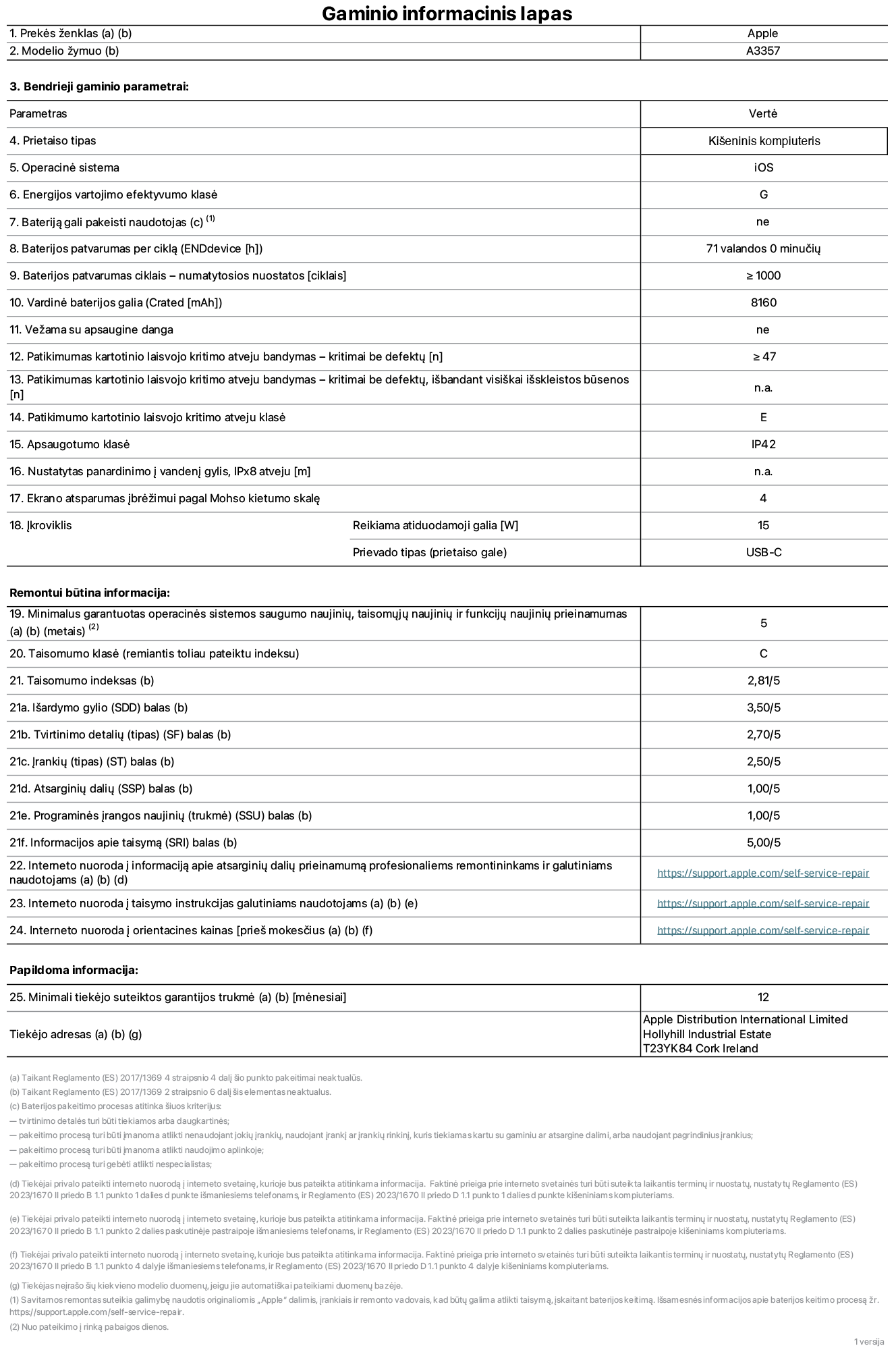 Gaminio informacijos lapas, 11 colių „iPad Pro M5 Wi-Fi“, A3357 modelis. Pateikė „Apple Distribution International Limited“, „Hollyhill Industrial Estate“. Korkas, Airija, T23 YK84. Prietaiso tipas: planšetinis kompiuteris. Operacinė sistema: „iOS“. Energijos vartojimo efektyvumo klasė: G. Bateriją gali pakeisti naudotojas: ne. Baterijos veikimo trukmė per ciklą: 71 val. Baterijos veikimo trukmė ciklais – numatytieji nustatymai: daugiau arba lygu 1 000. Nominalioji baterijos talpa: 8 160 mAh. Vežama su apsaugine danga: ne. Pakartotinio laisvojo kritimo patikimumo testas – kritimai be defektų: daugiau arba lygu 47. Pakartotinio laisvojo kritimo patikimumo testas – kritimai be defektų, išbandant visiškai išskleistos būsenos: netaikoma. Pakartotinio laisvojo kritimo patikimumo klasė: E. Apsaugos klasė: IP42. Nustatytas panardinimo į vandenį gylis, iPx8 atveju: netaikoma. Ekrano atsparumas įbrėžimui pagal Moso kietumo skalę: 4. Krovikliui reikalinga atiduodamoji galia: 15 vatų. Kroviklio prievado tipas (prietaiso gale): USB-C. Minimalus garantuotas operacinės sistemos saugumo naujinių, taisomųjų naujinių ir funkcijų naujinių prieinamumas: 5 metai. Pritaikymo remontuoti klasė: C. Pritaikymo remontuoti indeksas: 2,81/5. Išardymo gylio (SDD) balas: 3,50/5. Tvirtinimo detalių balas: 2,70/5. Įrankių balas: 2,50/5. Atsarginių dalių balas: 1,00/5. Programinės įrangos naujinių balas: 1,00/5. Informacijos apie taisymą balas: 5,00/5. Interneto nuoroda į informaciją apie atsarginių dalių prieinamumą profesionaliems remontininkams ir galutiniams naudotojams: https://support.jp01.aijiasu.xyz/self-service-repair. Interneto nuoroda į taisymo instrukcijas galutiniams naudotojams: https://support.jp01.aijiasu.xyz/self-service-repair. Nuoroda į orientacines kainas prieš mokesčius: https://support.jp01.aijiasu.xyz/self-service-repair. Siūloma 12 mėnesių bendroji garantija.