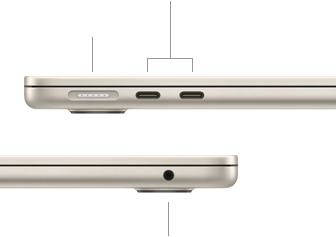 MacBook Air, aizvērts, kreisā puse, redzams MagSafe un divi Thunderbolt porti, labā puse, redzama austiņu ligzda