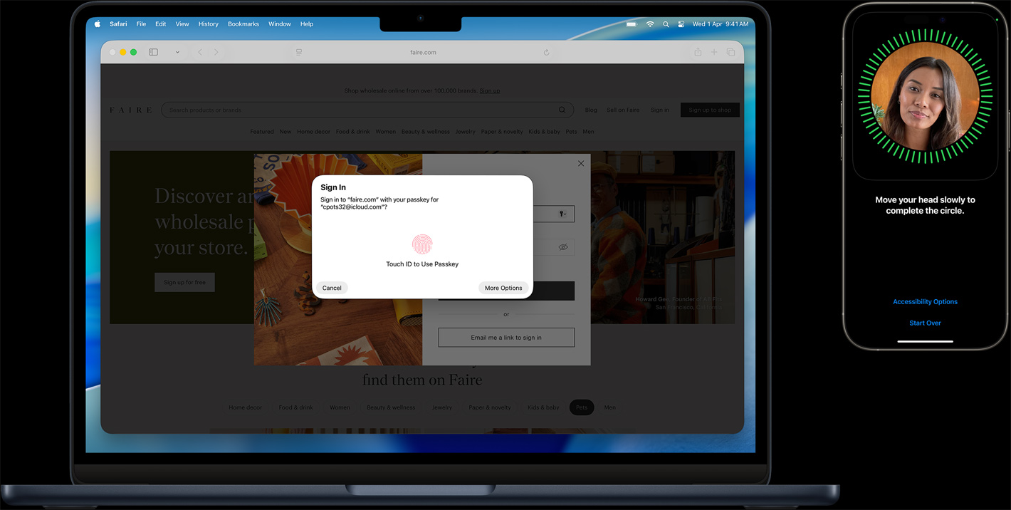 MacBook and iPhone, MacBook screen shows Apple Business Essentials, iPhone screen shows Device Management within Setup