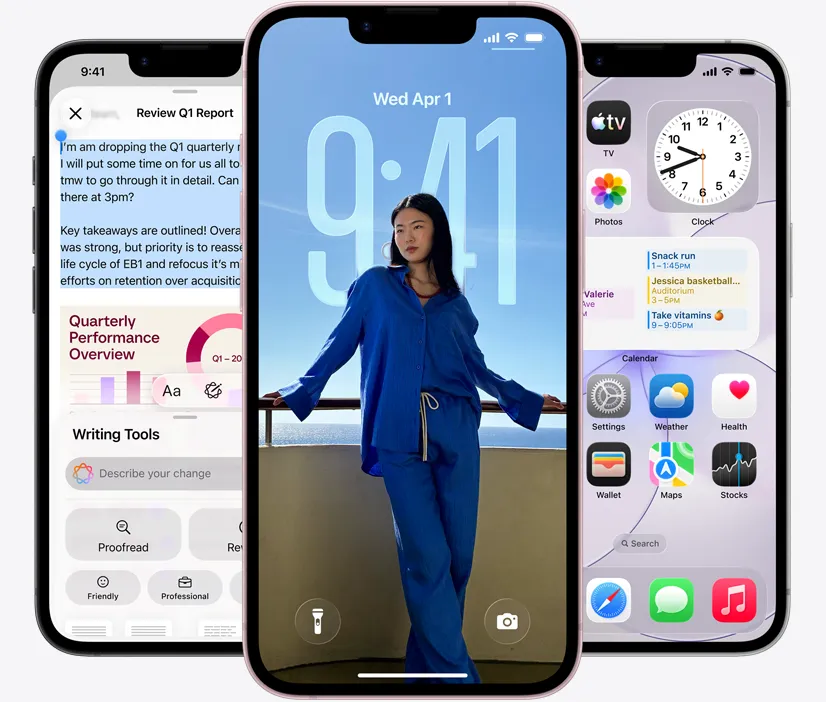 三部 iPhone 17e 機身正面，展示在螢幕截圖時使用書寫工具、鎖定畫面展示人像照片，以及主畫面