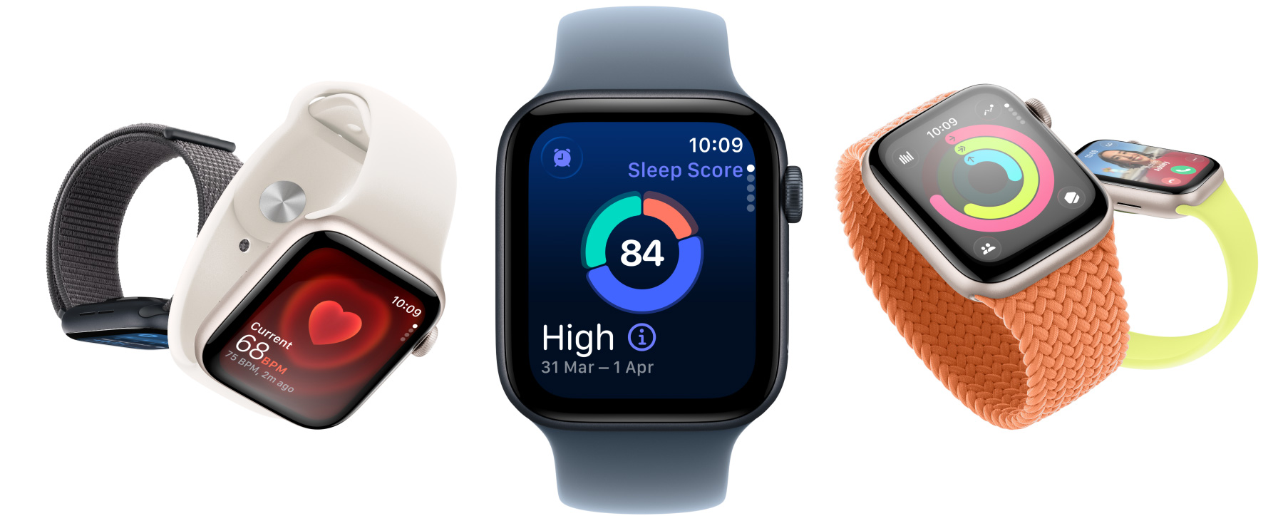 Apple Watch SE 3 with aluminium cases available in starlight and midnight colours, featuring apps such as Vitals, Heart Rate, sleep score, Activity rings and incoming call
