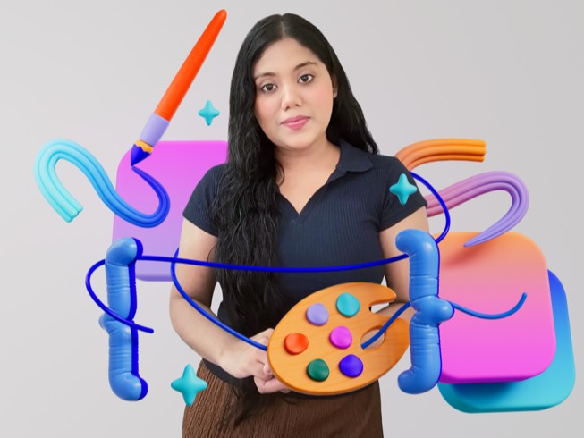 Gayatri Goundadkar holds a digital artist’s palette, with colorful 3D illustrations of a paintbrush and a squiggly line representing a tremor being corrected.