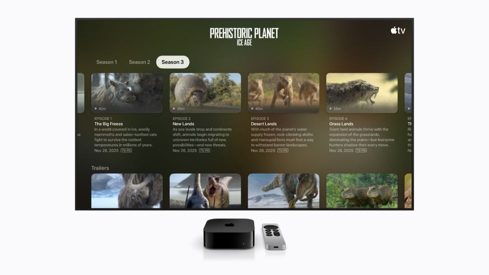 A interface da Apple TV mostra um menu da série “Planeta Pré-histórico: Era do Gelo” com o tamanho de texto padrão.